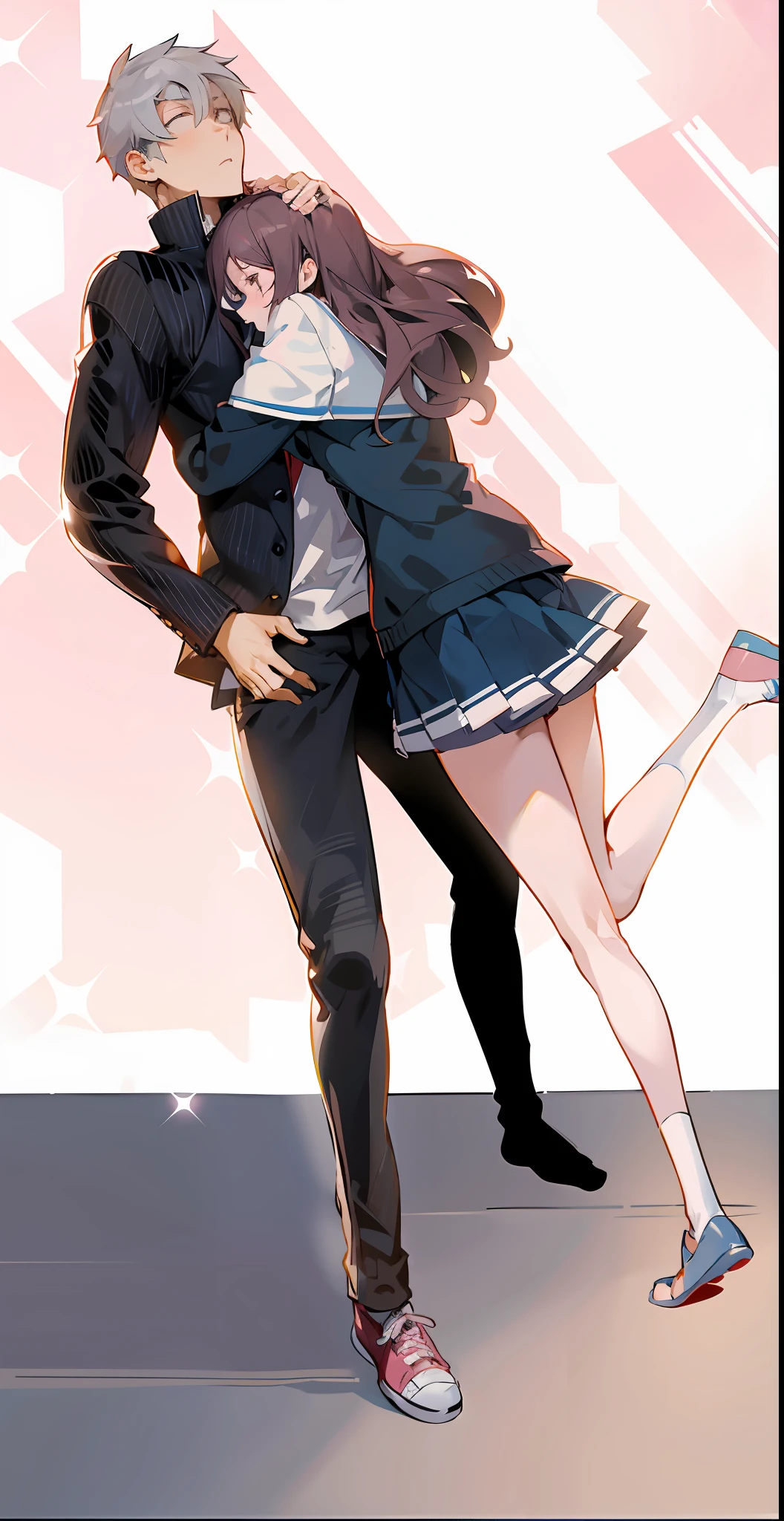 Anime image of a man and woman hugging each other in a room, boy scared, Yandere. Pixiv's anime style, in Pixiv, couple pose, hugging her knees,!! Full body portrait!, ecchi anime style, Danganronpa digital art, cute kissing together, realistic schoolgirl, casual pose, from the girl front