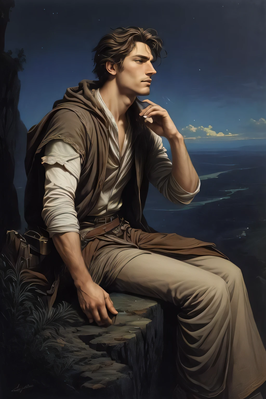 close up of 1 man, young, of russian descent, rogue sitting on the cliff, a moonlit night, beautiful face, beautiful sky, (oil painting), classical art:0.4, detailed, intricate, (fantasy art), muted color:0.25, best quality, good anatomy, good composition, good proportions, good design, dynamic pose, good pose, realistic sky, realistic backgrounds, (cinematic), (highest quality, award winning, masterpiece:1.3), (art by Arthur Rackham:0.5), (((natural colors))), (photorealistic:1.4), ((empty hands, holding nothing)),