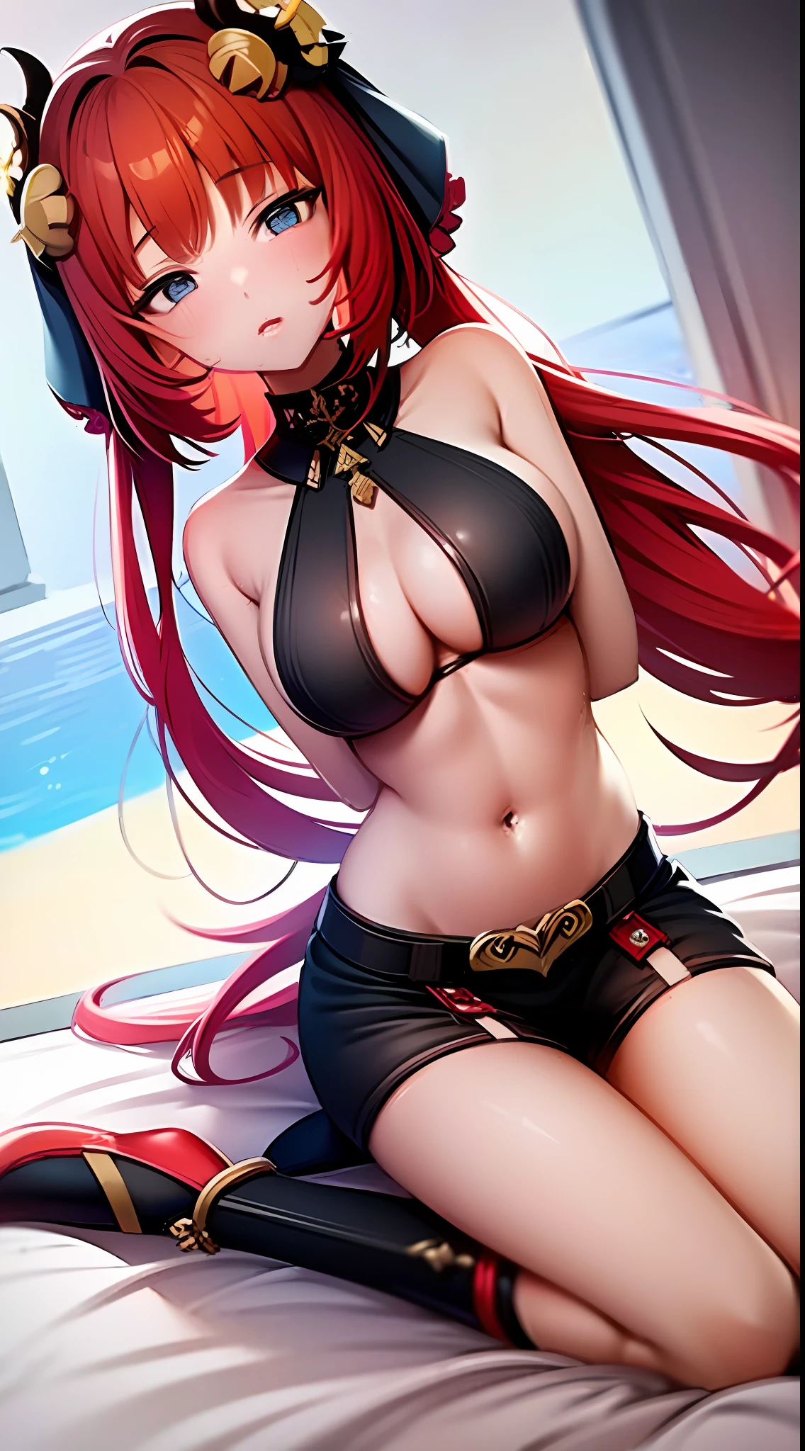 1girl, nilou (Genshin impact), red hair, sucubos, erotic, breast, devilish, hearts, bare legs, blushes, high detailed, sexy