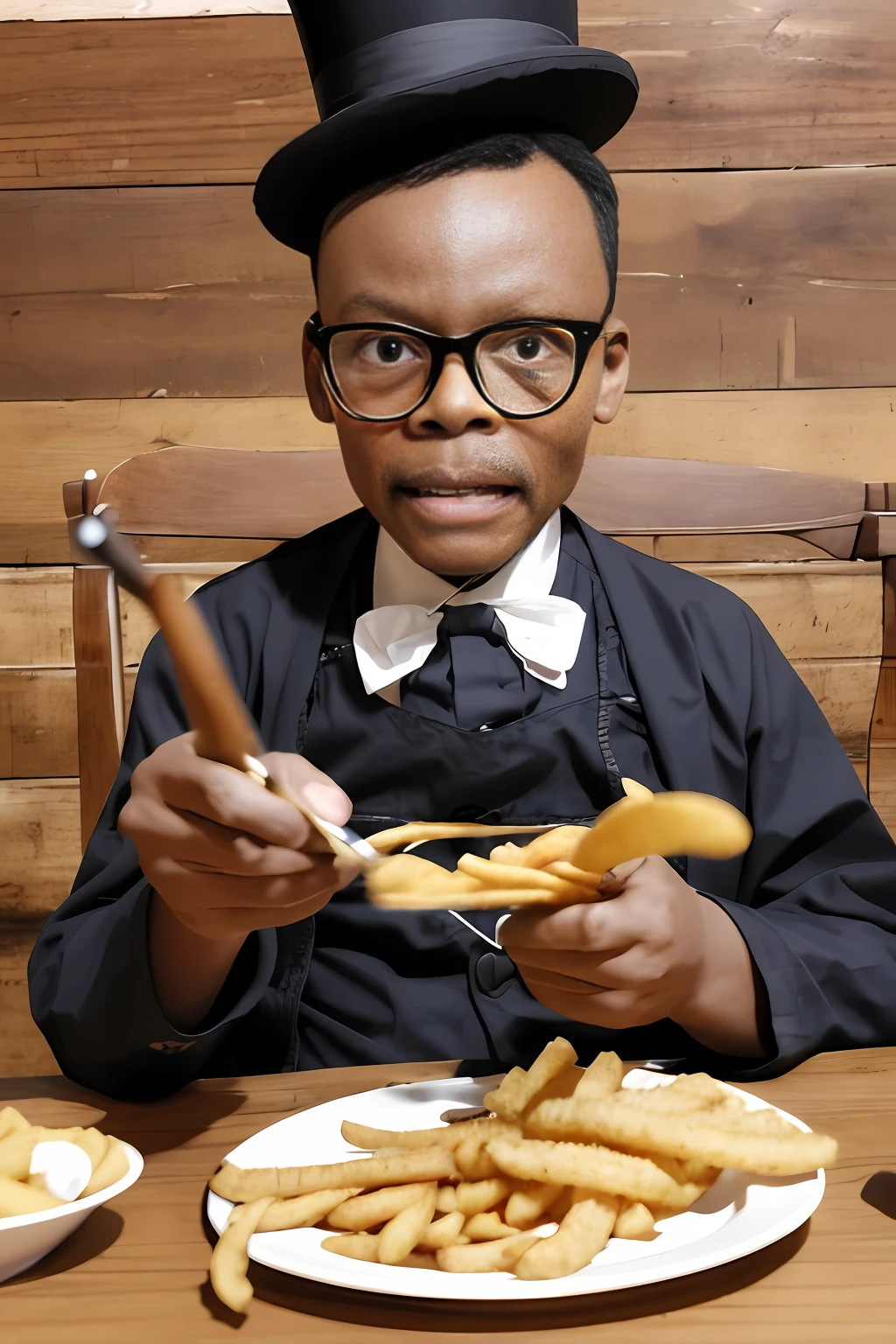 guttonerdreliberate1, a 3-year-old boy in glasses, in nineteenth-century social clothes, with top hat and cape, bright eyes and a cane with skull, sitting at the table with a plate of hamburger and chips in front of him, realistic, photorealistic. 8k uhd