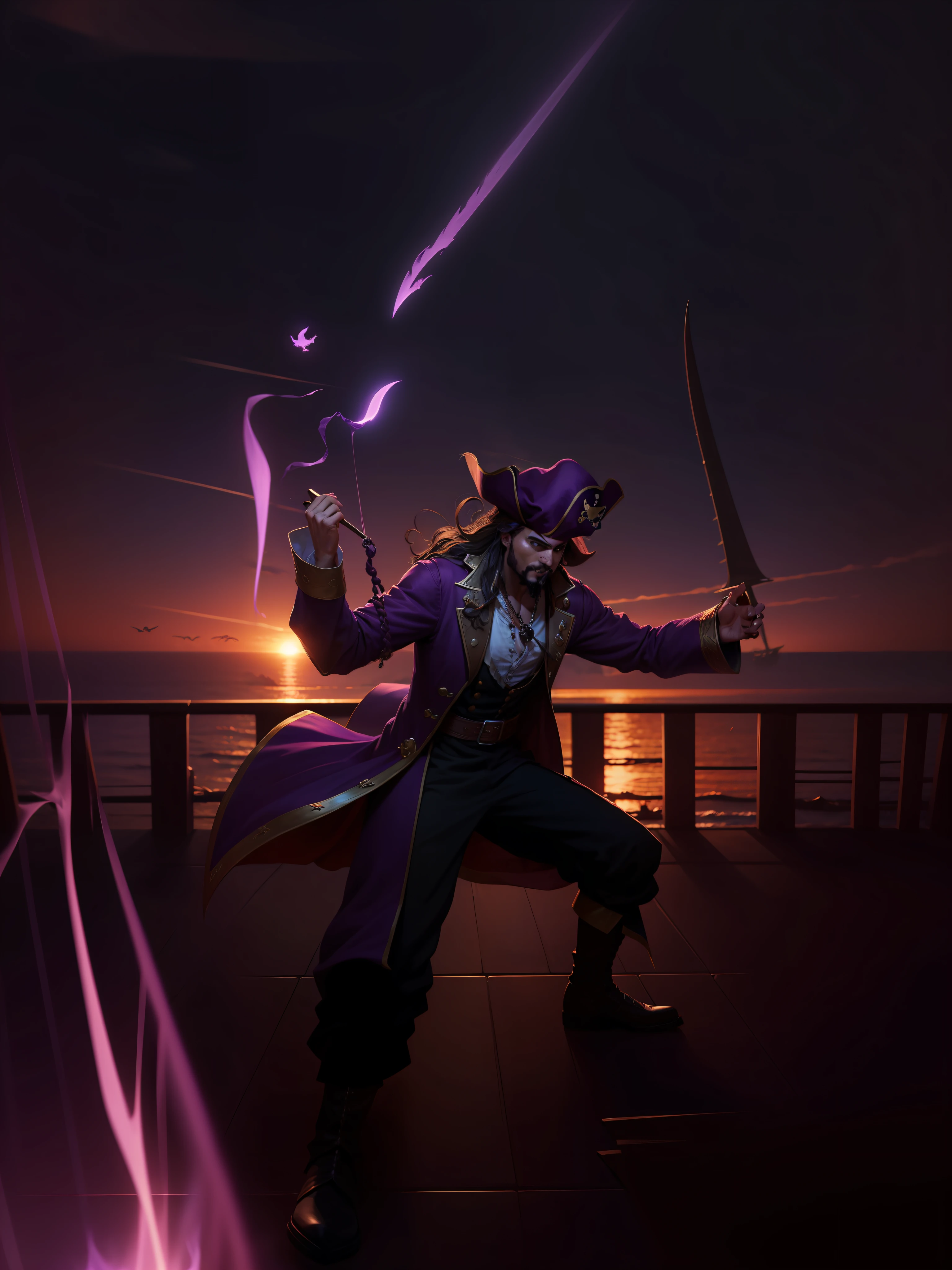Man, pirate, purple robes, dragons flying in the background, sunset in the background with pirate navio on the horizon, magical green hand --auto --s2