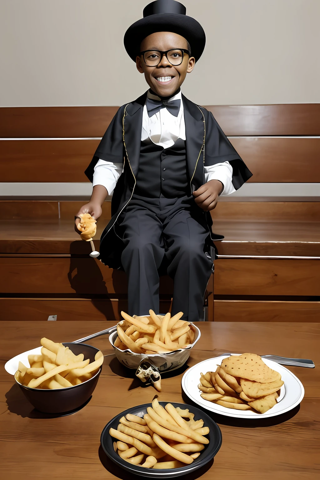 guttonerdreliberate1, a 3-year-old boy in glasses, in nineteenth-century social clothes, with top hat and cape, bright eyes and a cane with skull, sitting at the table with a plate of hamburger and chips in front of him, realistic, photorealistic. 8k uhd