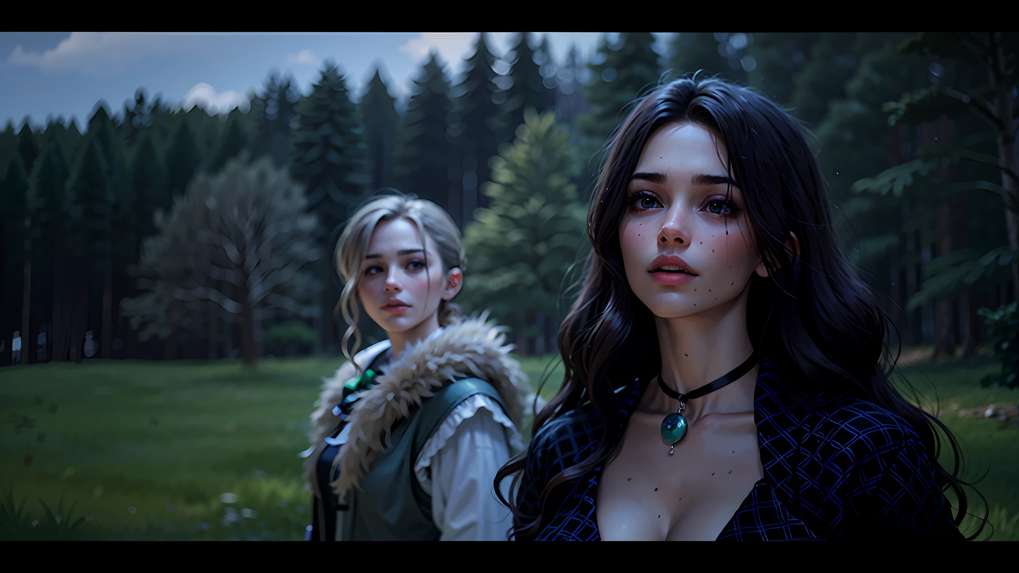 a hyper-realistic portrait of a young woman, smerking, under a tree, inside a forest, in the middle of nature, 22 years old, realistic, (lying on her side), sexy, (huge breasts 2:1), short brown hair, (hair tied with bows), curved, SFW