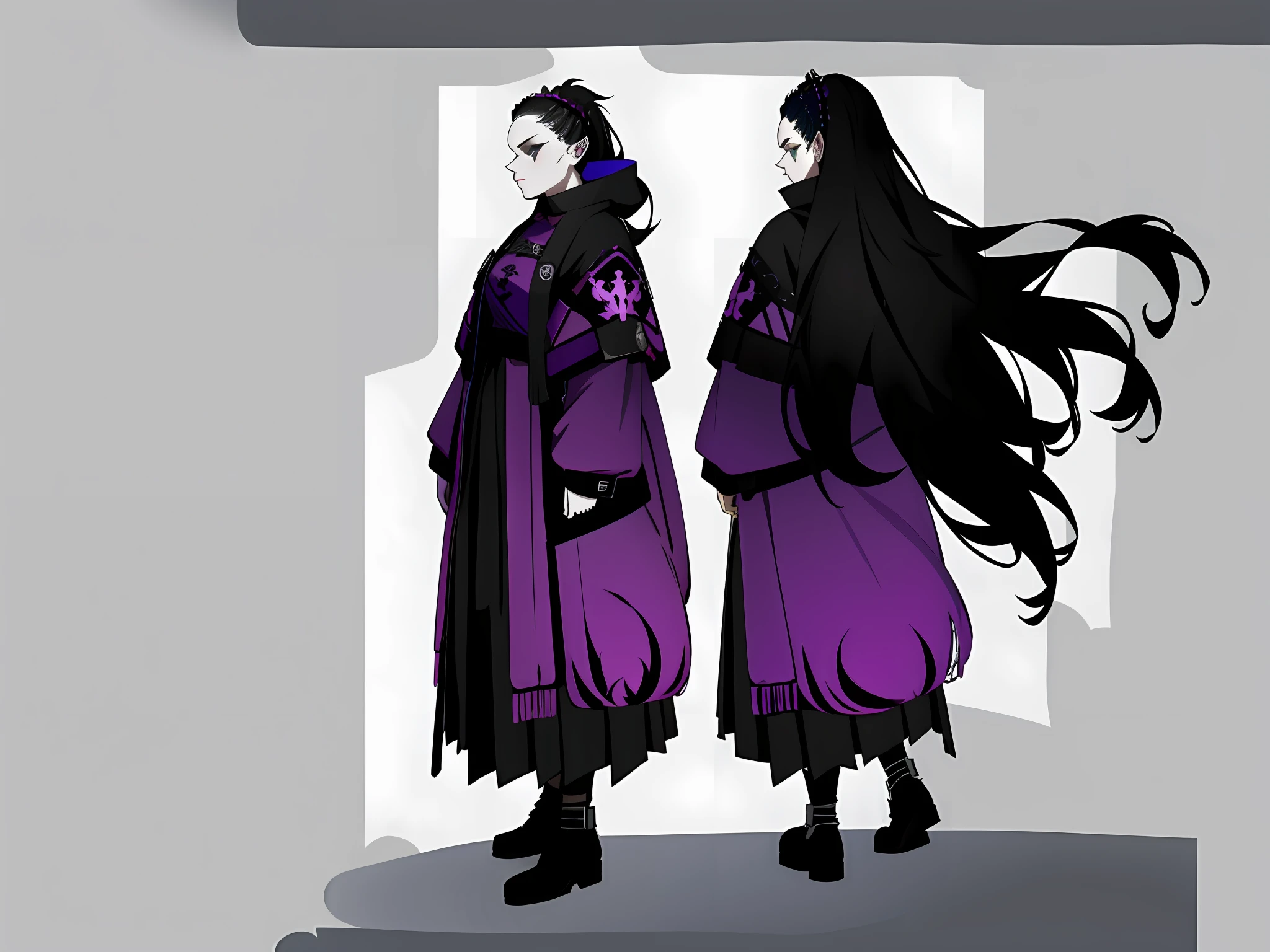 ((masterpiece)),(((best quality))), (((detailed face))), ((vtuber character design sheet,same character,front,side,back)),illustration, 1 punk woman wearnng cyberpunk pagan Karelian and Finnish clothes mixed with nu-goth aesthetic. Kalevala, folklore. Druid Louhi, Mistress of the North, environment Scene change, pose too (simple background, white background: 1.3)