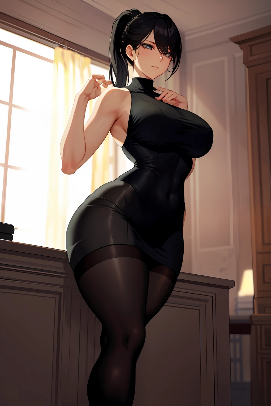 Close-up ahead, the picture focuses on a mature woman. She wears a pair of black stockings and a pair of high heels. The body is curvy, showing charm and confidence. She straightened her waist, straightened her chest and tummy, and her posture was confident. Her hair is trimmed into a low ponytail, revealing her tall neckline. She bowed her head slightly, her eyes cast forward, her gaze deep. Light shines through the window, outlining her elegant silhouette. The picture has no background color, only a blurred corner that allows women to stand out in the center of the picture. The overall picture is simple, pursuing bold creativity and full expression.