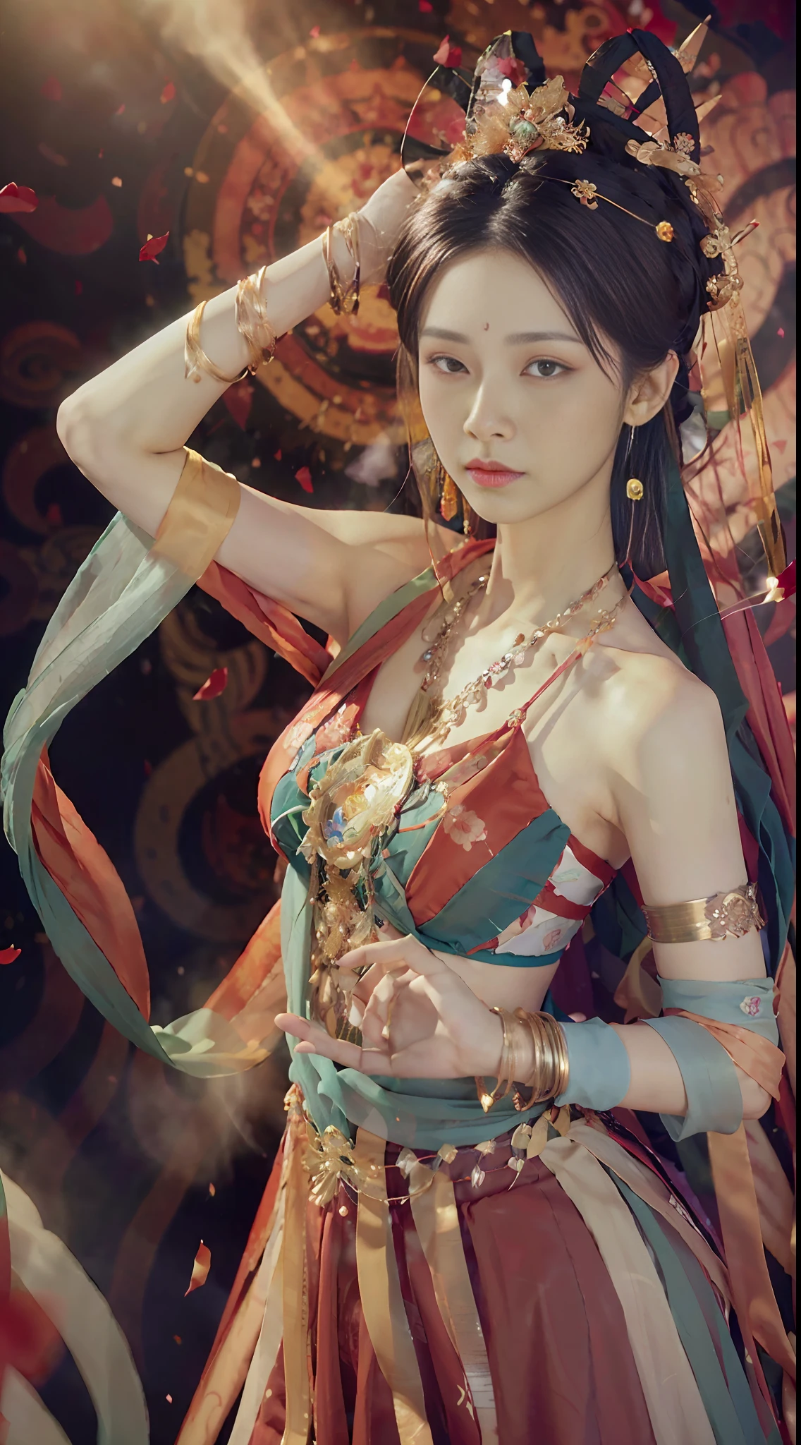 (8k, RAW photo, best quality, masterpiece: 1.2), (realistic, photorealistic photoreal: 1.4), (very detailed CG unity 8k wallpaper), (1 girl), dance, dunhuang_dress, dunhuang_style, dunhuang_background, arm up, gold jewelry, ancient Chinese hairstyle, tulle, streamers, light makeup, eyeshadow, eyebrow mole, (face), dynamic pose, Background smoke surrounding, red and green color scheme, petals flying, details, jewelry, earrings, bracelets, shoulders, complex textures, busts, guqin, pipa