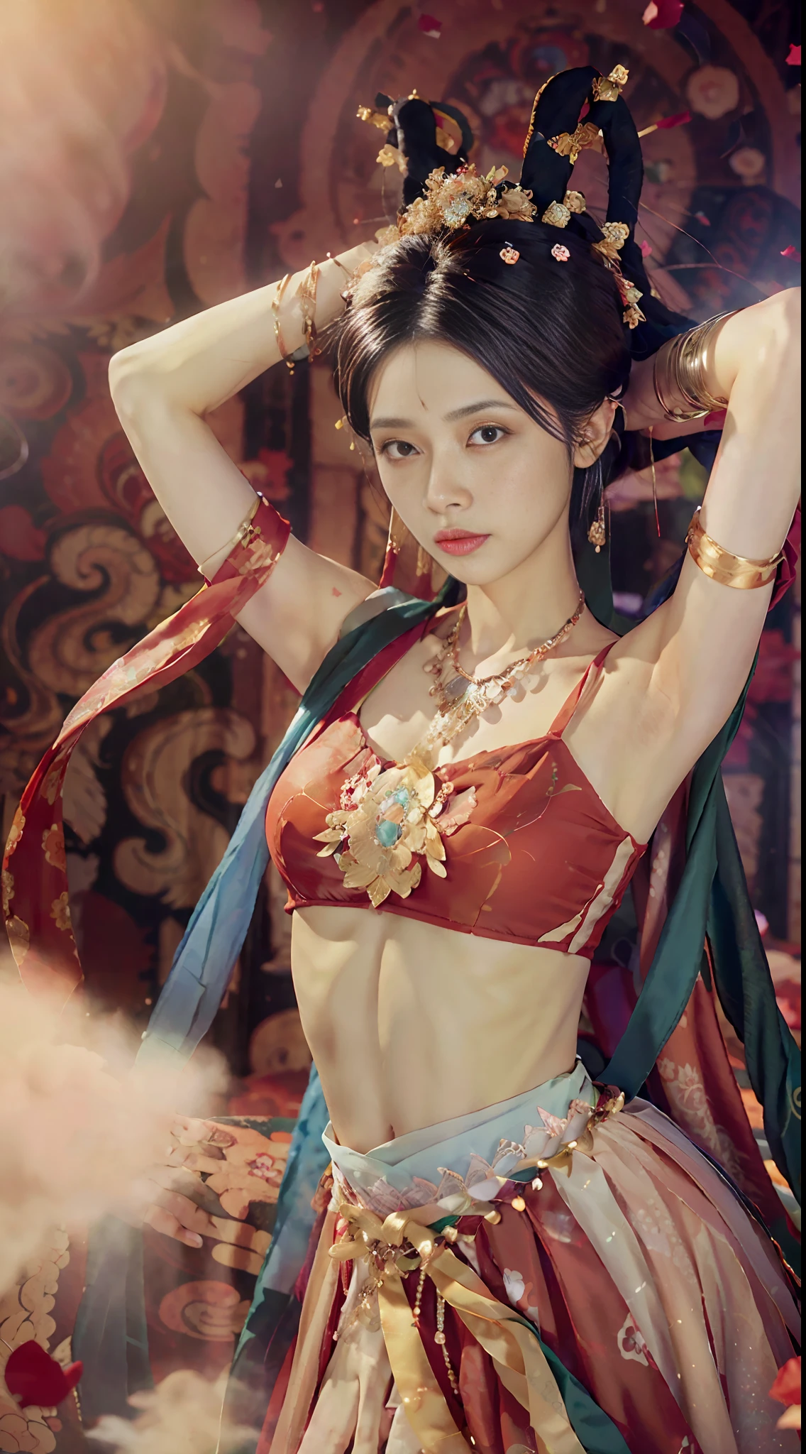 (8k, RAW photo, best quality, masterpiece: 1.2), (realistic, photorealistic photoreal: 1.4), (very detailed CG unity 8k wallpaper), (1 girl), dance, dunhuang_dress, dunhuang_style, dunhuang_background, arm up, gold jewelry, ancient Chinese hairstyle, tulle, streamers, light makeup, eyeshadow, eyebrow mole, (face), dynamic pose, Background smoke surrounding, red and green color scheme, petals flying, details, jewelry, earrings, bracelets, shoulders, complex textures, busts, guqin, pipa