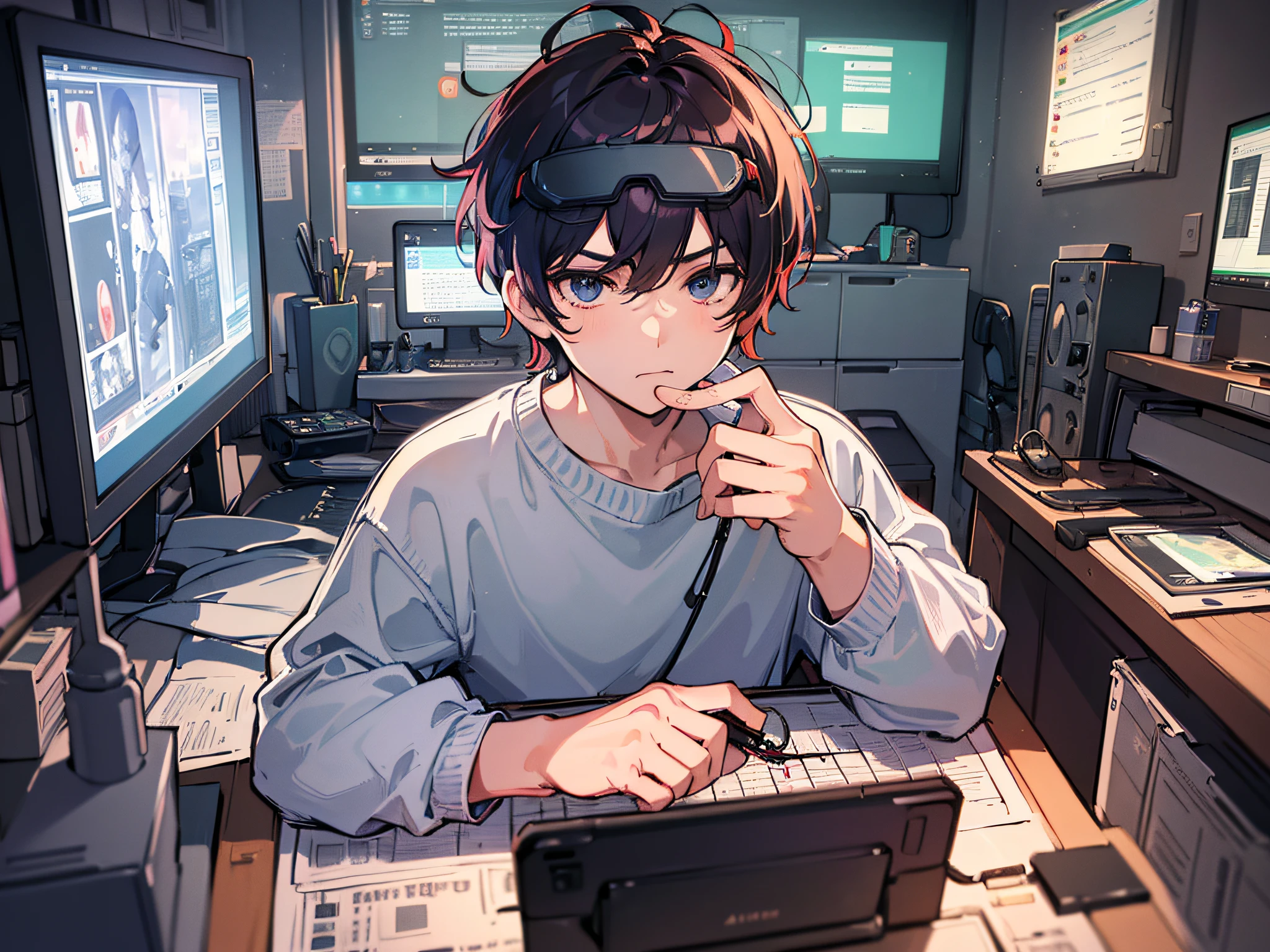 ((best quality)), ((ultra-detailed))). (((Masterpiece))), illustration. (A boy), wearing a loose sweatshirt and loose pants. Pengsong's hair, in a dimly lit room, (very serious about playing games), virtual reality, futuristic environment, surrounded by screens and wires