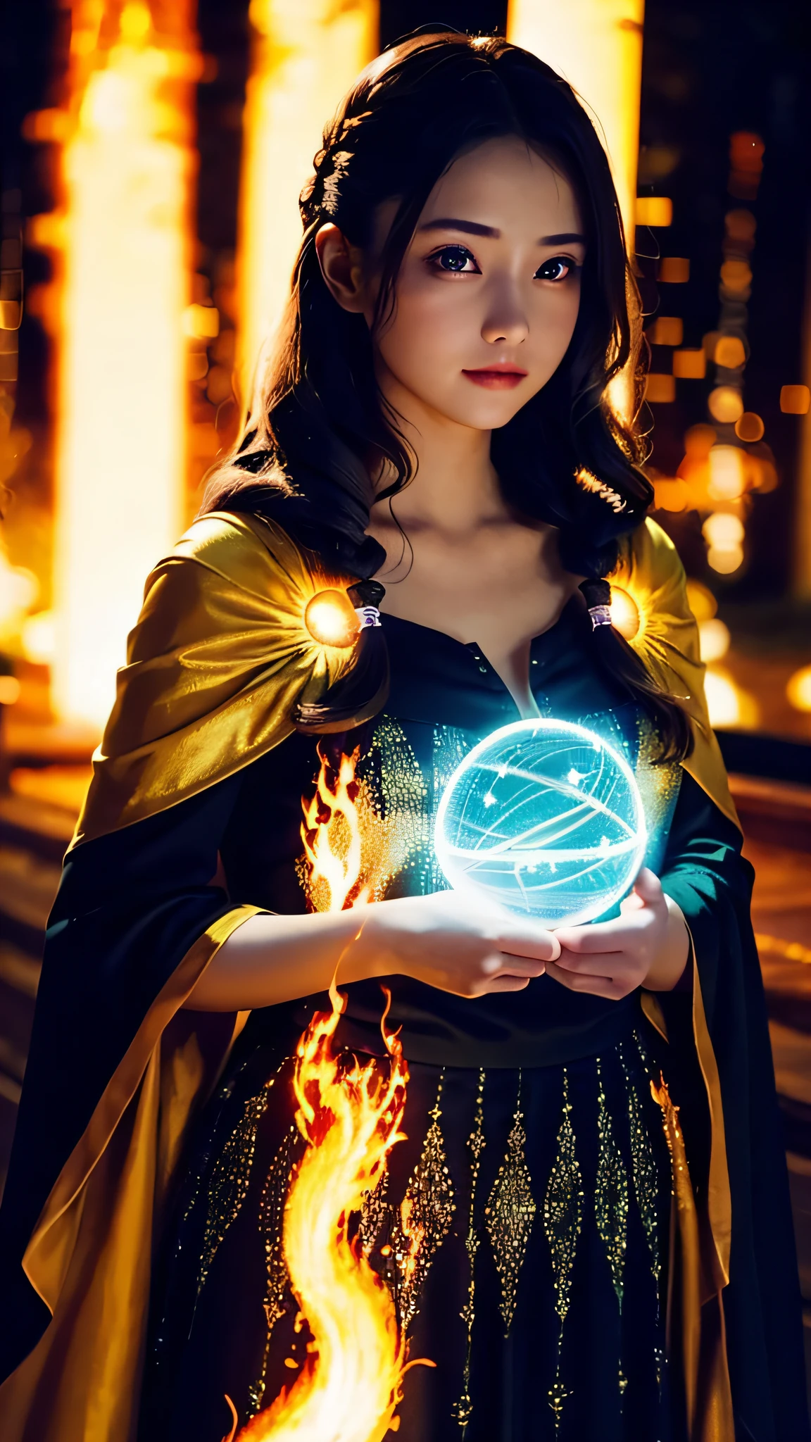 ((1girl)), sorceress, magic, wearing a long dress made of lights, magical forest, with flowing, (((fire)) magic), tight sorceress clothes, magical clothing, (((flowing hairstyle))), (((glowing eyes))), wearing cloak, ((bokeh)), depth of field,