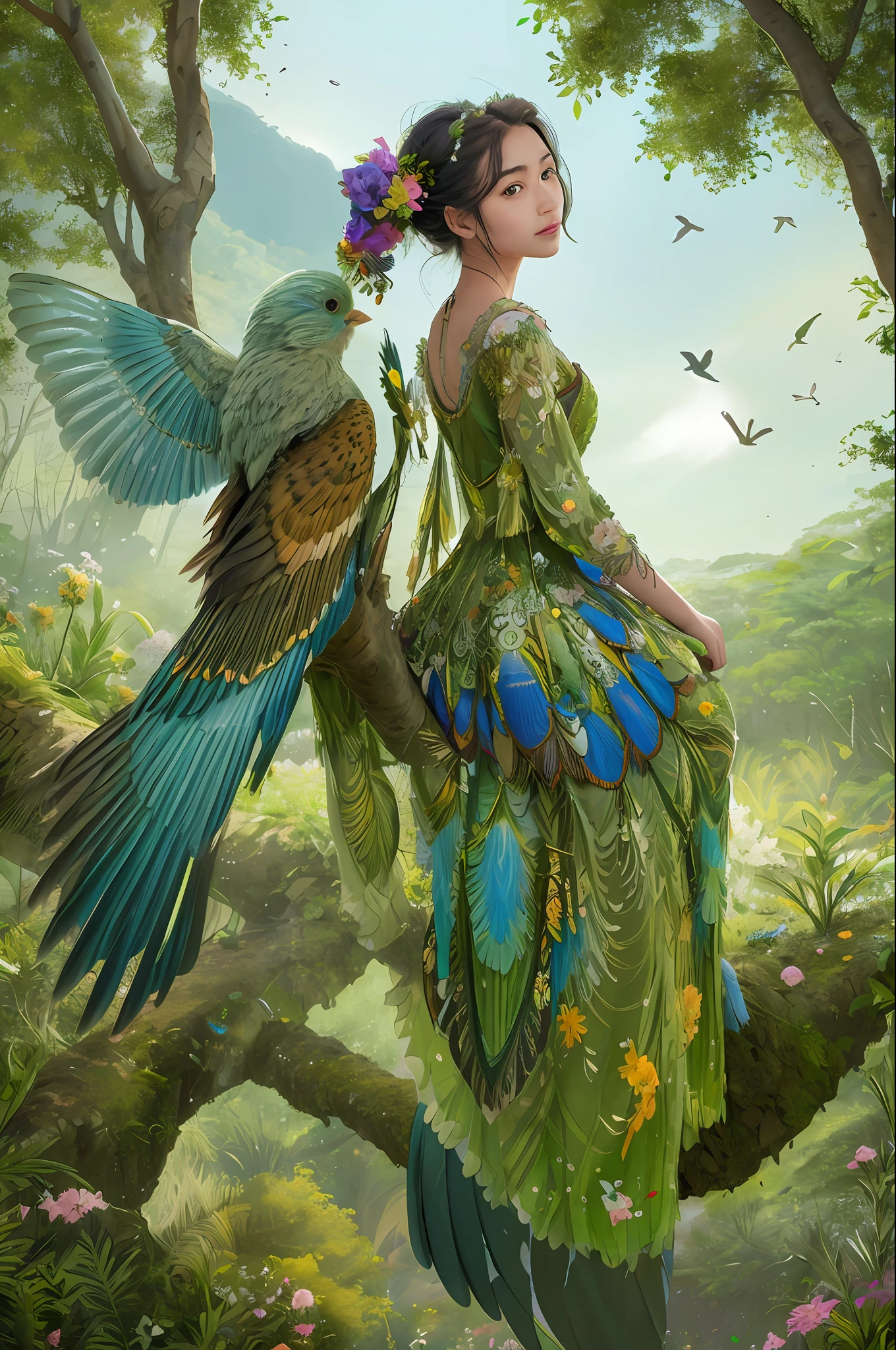 A bird with a body of grass and flowers is about to take flight. Riding on the back of that bird is a beautiful woman wearing a dress. She has a beautiful face and shining eyes of vivid colors. She wears elaborate and delicate ornaments and dress. A lush green forest is illuminated by moonlight. Detailed drawings. Vivid colors. High image quality