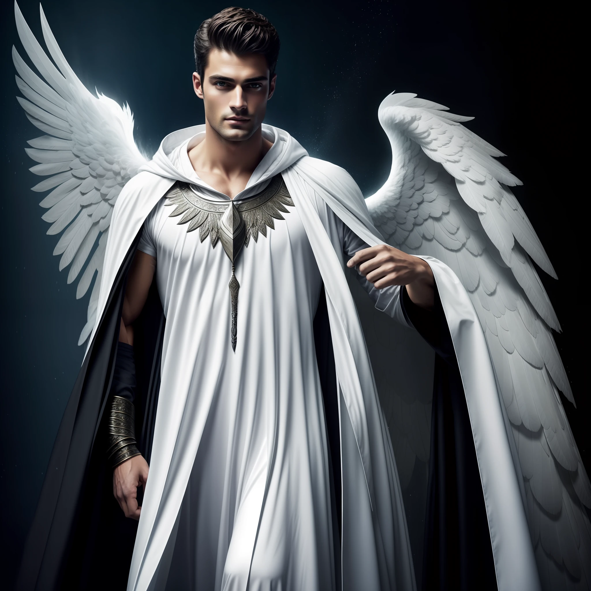Man with large wings of white feathers on the back, Wearing Tunic and mysterious white hood, angel of the Mysteries, wizard, background medieval city rainy weather, Magician, large wings, Sean O'Pry, wearing beard, focus on the details of the face, serious and attractive man, wearing white tunic, magical and real effect, movie cover, powerful celestial warrior, similar to model Sean O'Pry, Dark black image background, (8k, RAW photo, best quality, masterpiece: 1.2), (realistic, realistic photo: 1.37), professional lighting.