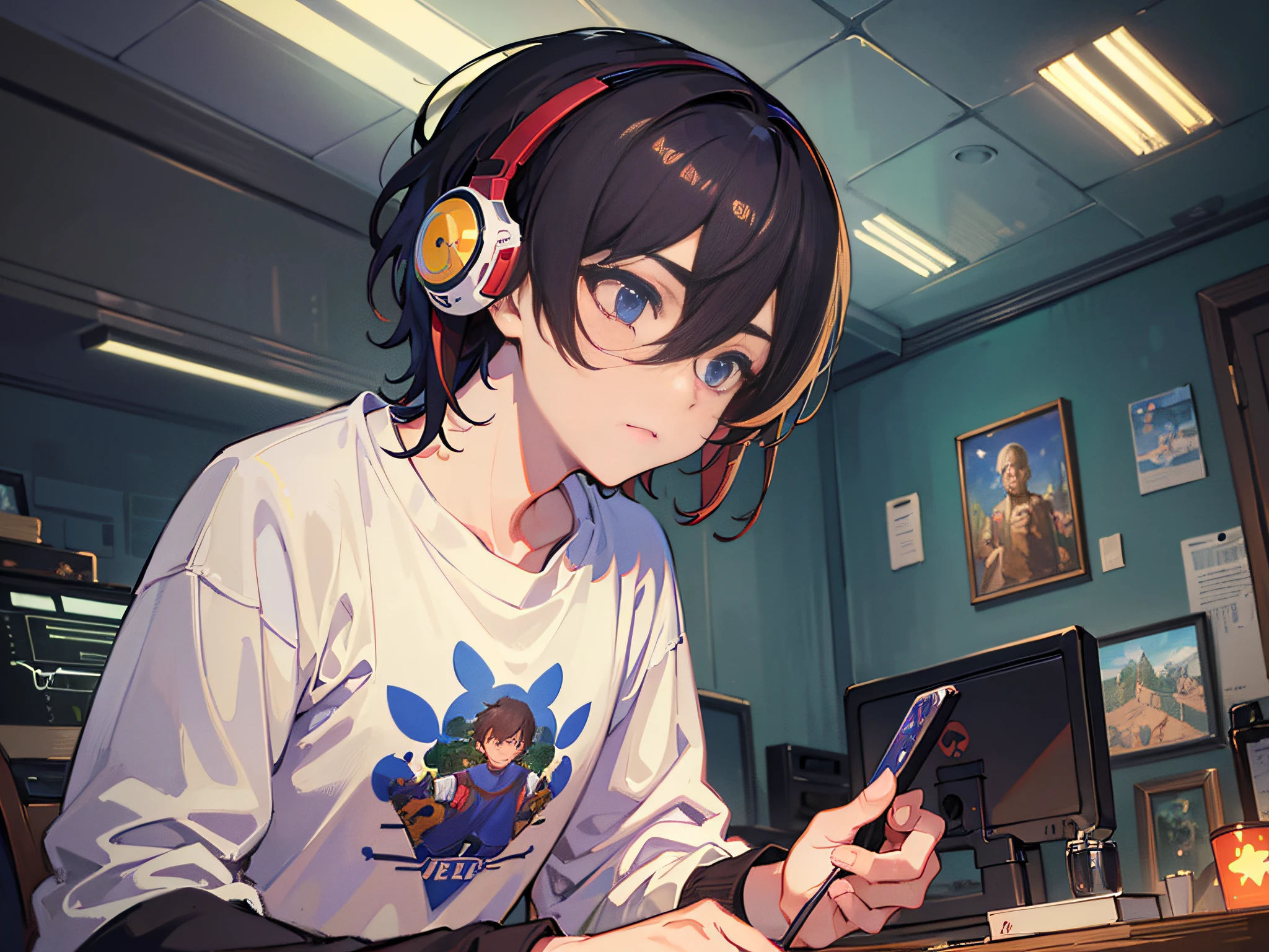 ((best quality)), ((ultra-detailed))). (((Masterpiece))), illustration. (A boy), wearing a loose sweatshirt and loose pants. Pengsong's hair, in a dimly lit room, (very serious about playing games), virtual reality, futuristic environment, surrounded by screens and wires
