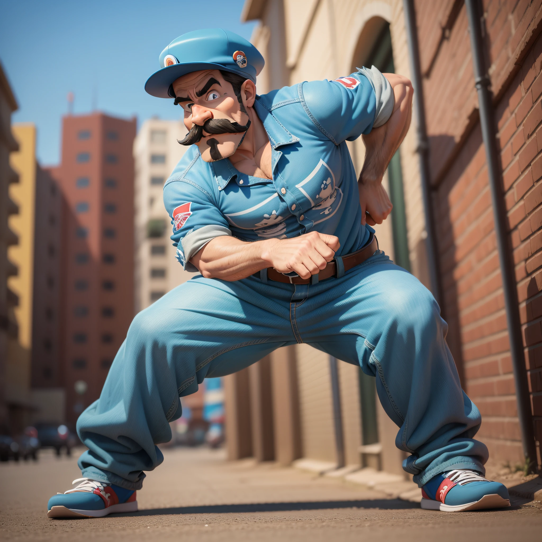 one man cartoon character with a mustache and a blue hat, don ramon, 3d cartoon, 3d cartoon, character pose, cartoon image, cartoon character, comic book character, goofy cartoon, adult character, harry volk clip art style, animated character, outlined!, full body mascot, merged character,  Character is standing, Pose T, HD illustration