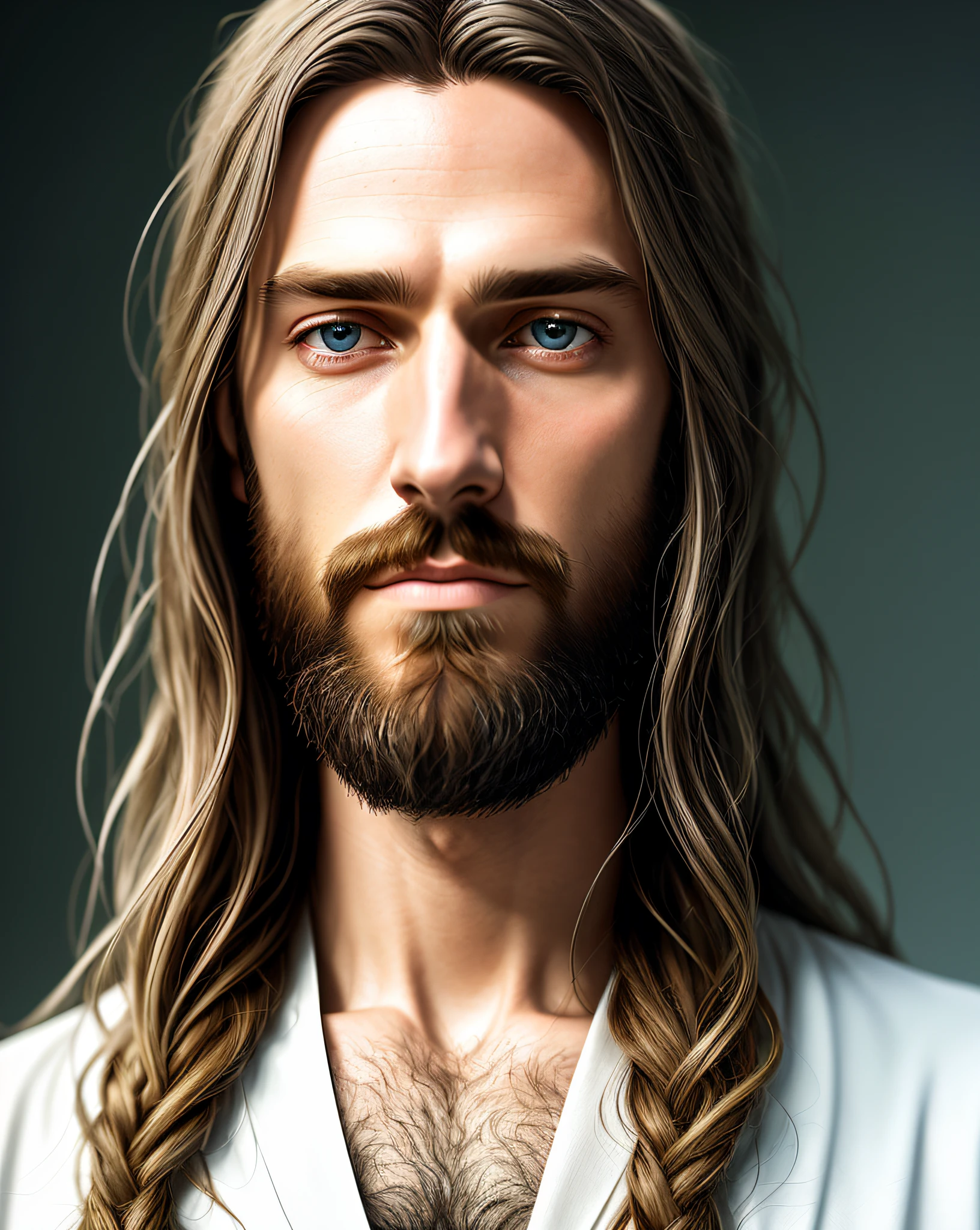(symmetry),centered,a ((close)) up portrait,(Jesus),a very thin white man with long hair and a beard,wearing a long white robe,35mm,natural skin,clothes  detail, 8k texture, 8k, insane details, intricate details, hyperdetailedhighly detailed,realistic,soft cinematic light,HDR,sharp focus, ((((cinematic look)))),intricate, elegant, highly detailed