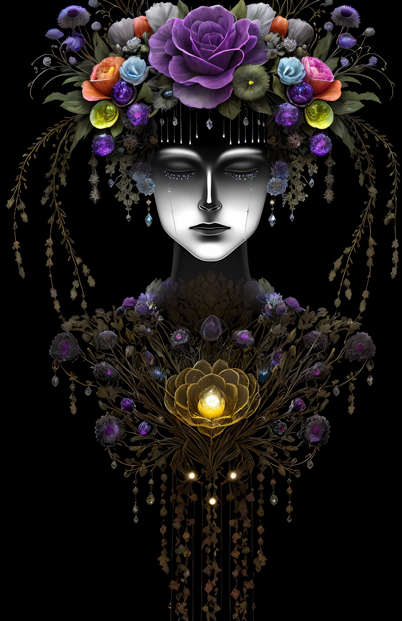 "Rosen maiden, (masterpiece, best quality), (illustration), strange fungal disease dense forest, transparent sticky substance, caustics, crystals, close-up, intricate details, dark background, sparkling spores, rainbow crystals, darkness", made of metal, cyborg: 1.1, [detailed wire]: 1.3, (complex details), HDR, (complex details, hyperdetailed: 1.2),