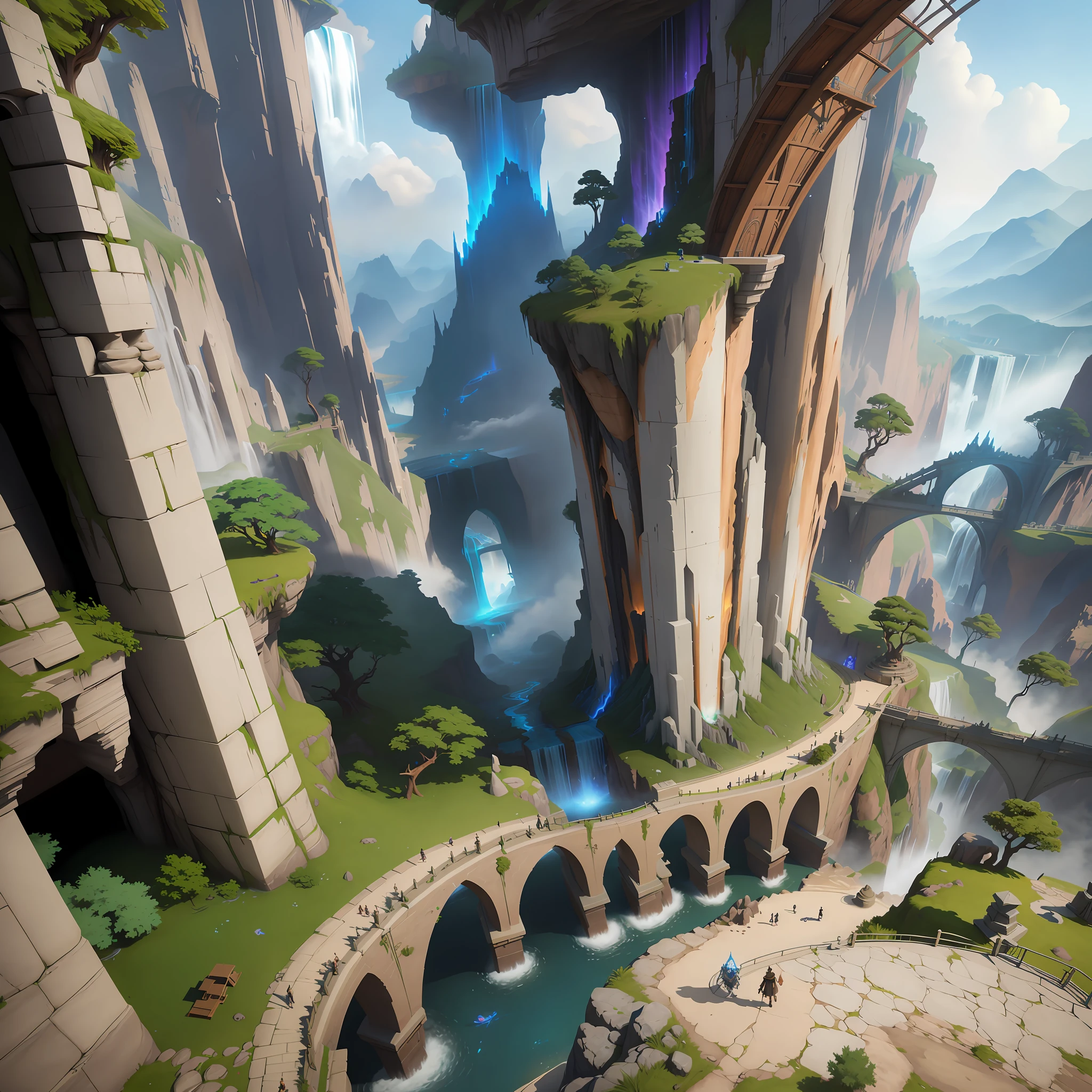 arafed bridge over a river in a mountain with a waterfall, stylized concept art, unreal engine fantasy art, unreal enginedigital painting, painted as a game concept art, matte painting arcane dota pixar, spellbreak, fantasy style 8 k octane render, concept art stunning atmosphere, concept art. epic landscape, unreal engine render concept art, fantasyconcept art