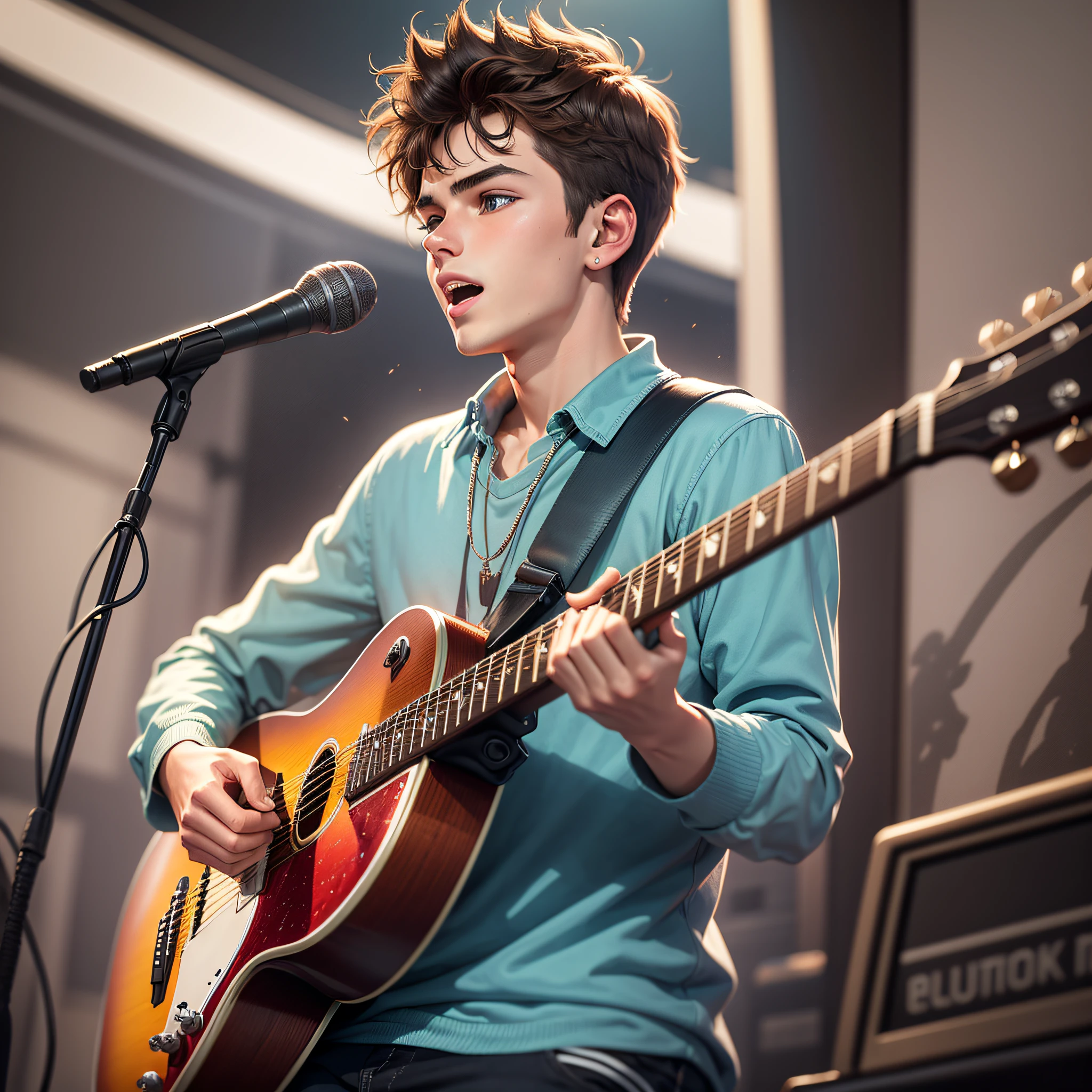 20 year old boy on stage with his guitar, cartoon, high definition, with many details, --auto --s2