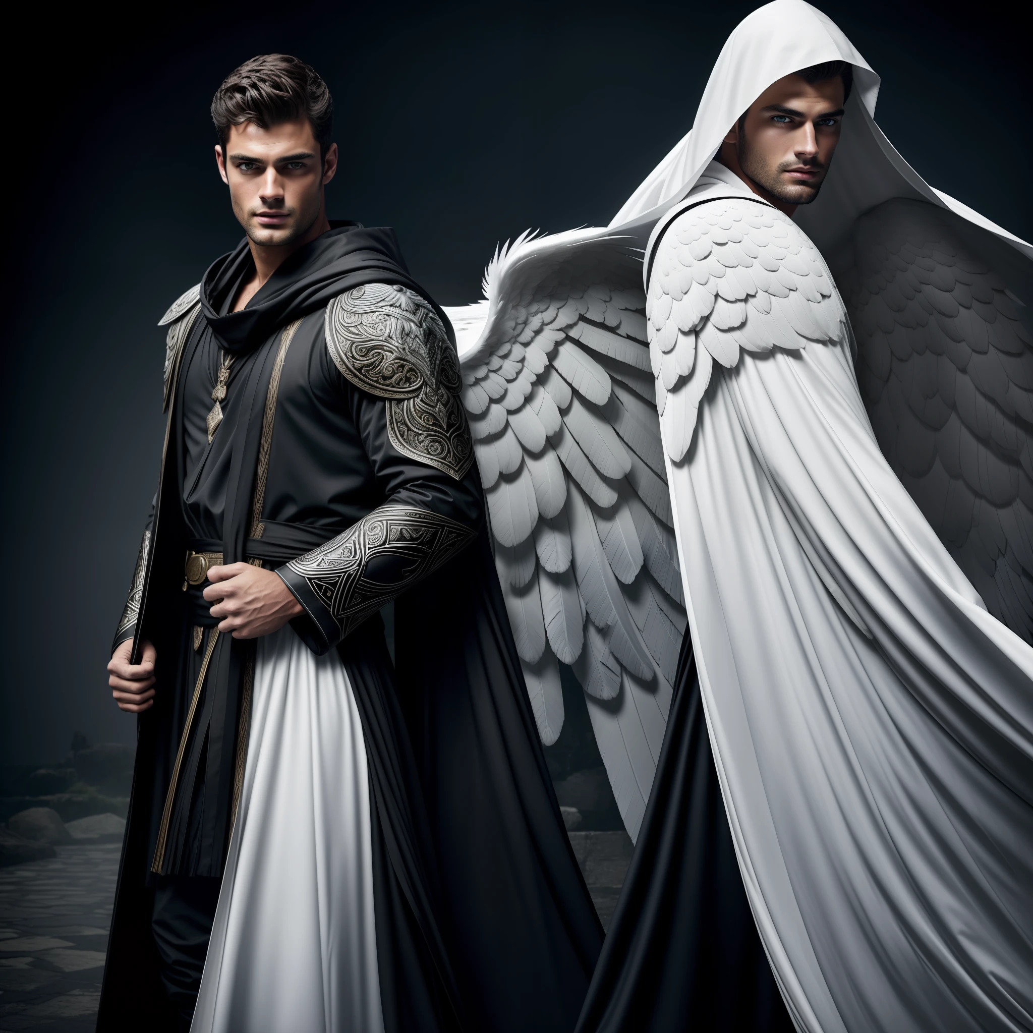 Man with large wings of white feathers on the back, Wearing Tunic and mysterious white hood, angel of the Mysteries, wizard, background medieval city rainy weather, Magician, large wings, Sean O'Pry, wearing beard, focus on the details of the face, serious and attractive man, wearing white tunic, magical and real effect, movie cover, powerful celestial warrior, similar to model Sean O'Pry, Dark black image background, (8k, RAW photo, best quality, masterpiece: 1.2), (realistic, realistic photo: 1.37), professional lighting.