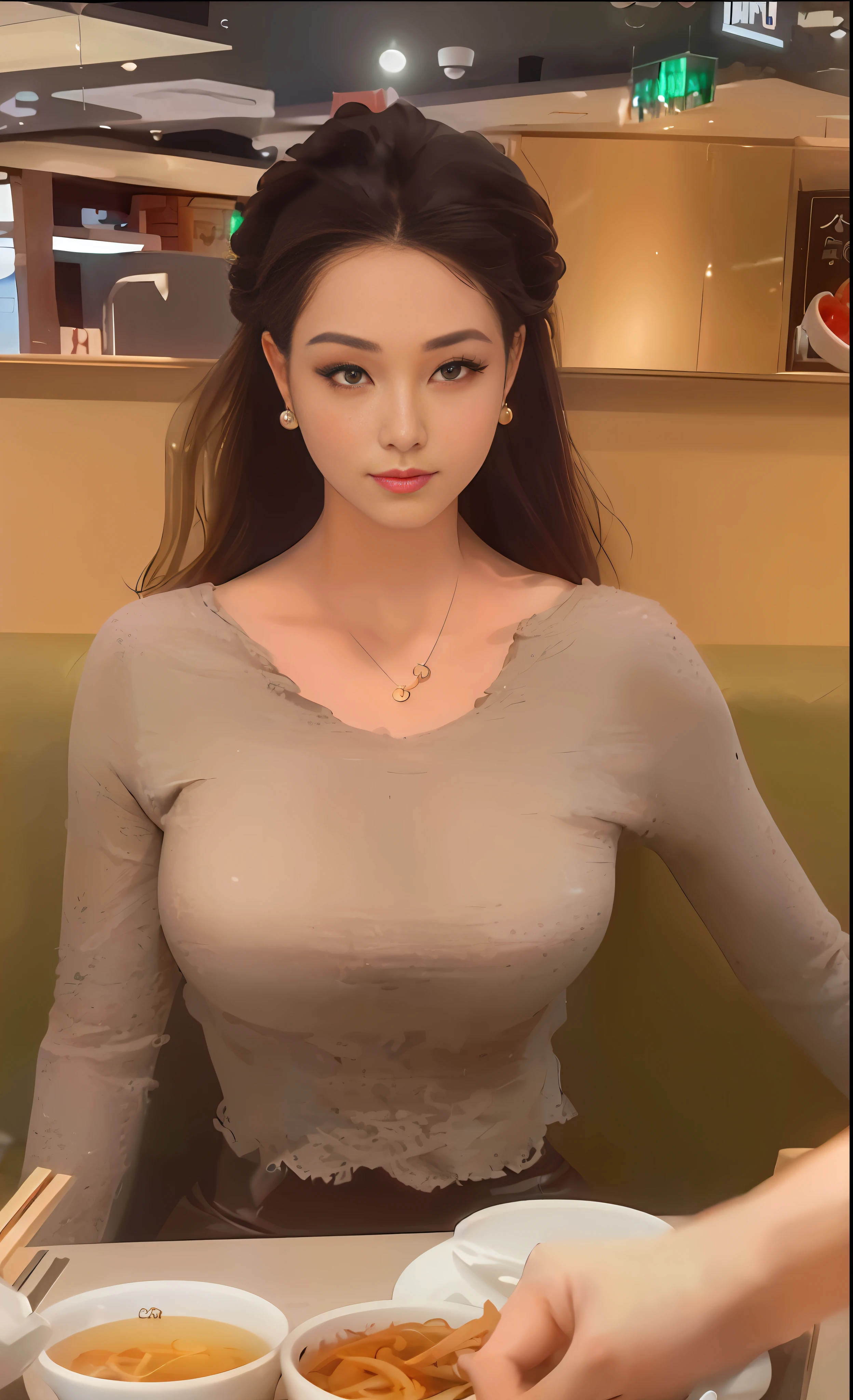 woman sitting at a table with a bowl of soup and a bowl of noodles, gorgeous chinese model, gorgeous young korean woman, beautiful asian girl, beautiful south korean woman, korean girl, beautiful young korean woman, wearing tight shirt, bust with a long beautiful neck, tight shirt, korean woman, attractive pose, cleavage, busty, beautiful asian woman, wearing a cute top, masterpiece, superdeformed, full body: 1.2, ultra high res, RAW photo, masterpiece, ultra detailed, 8k, full detailed hair, highres, best quality, ultra high res, ultra detailed face and eyes, (photorealistic:1.4), looking at viewer, smiling, cute, (ray tracing:1.4), (long legs:1.4), Best quality , masterpiece, large hip, Fully facial detailed, beautiful, ((very detailed of hair )) , (((18 years old))), thin lips, big eyes, highres, seducing, blue eyes , slim waist, 8k, 16k, highres,
karol bak uhd, inspired by hajime sorayama,