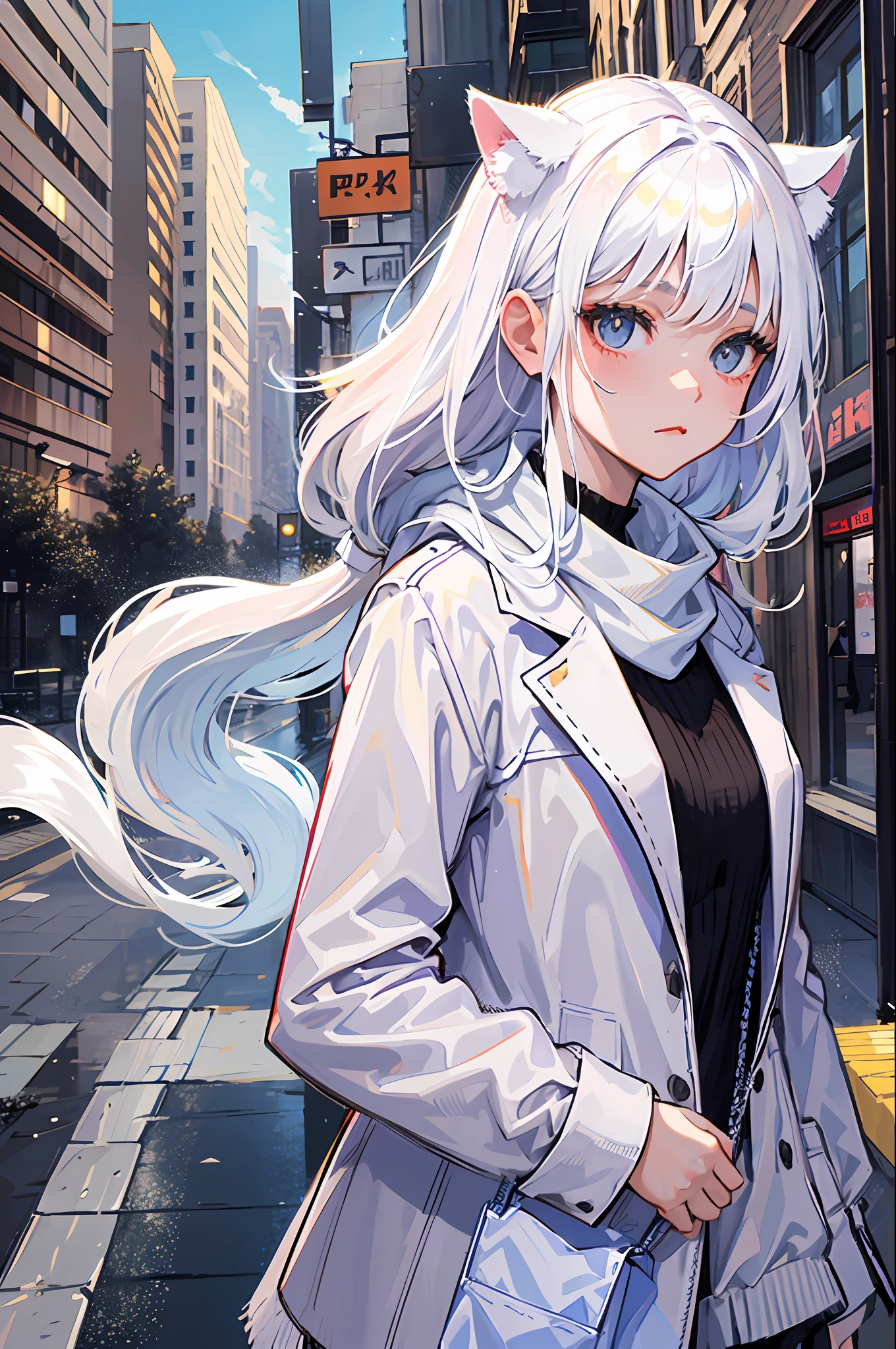 masterpiece, best quality, 1girl, white hair, medium hair, cat ears, open eyes, looking at viewer, :3, cute, scarf, jacket, outdoors, streets