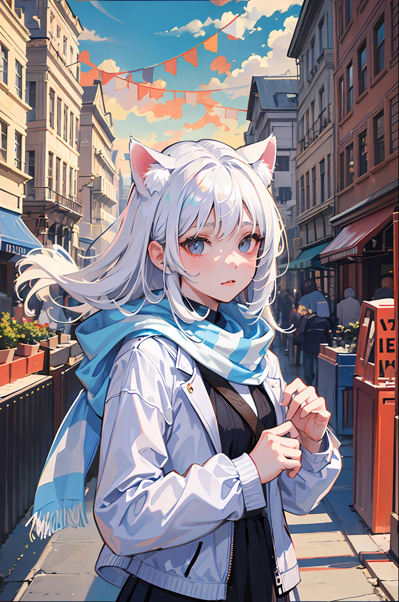 masterpiece, best quality, 1girl, white hair, medium hair, cat ears, open eyes, looking at viewer, :3, cute, scarf, jacket, outdoors, streets