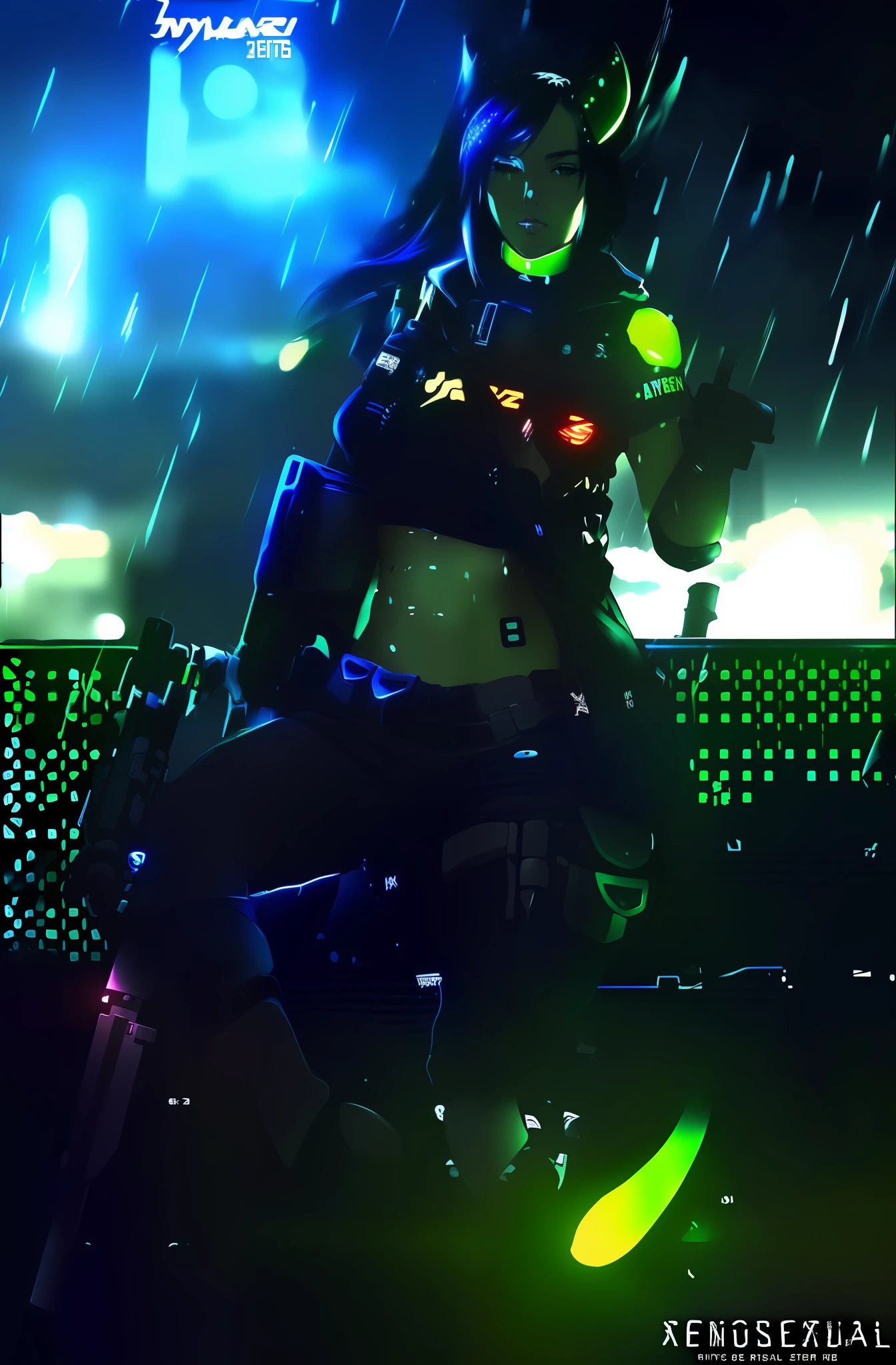 A closeup of a person with a gun in the rain, realistic Cyberpunk Digital Anime art, Realistic Cyberpunk Anime Art, Digital Cyberpunk Anime Mech, Digital Cyberpunk - realistic anime art, Cyberpunk theme art, Cyberpunk art style, muscular! Cyberpunk, Cyberpunk Anime Realistic Art, Cyberpunk Soldier, Neon Cyberpunk, Cyberpunk Style, Female Lucio, Cyberpunk Anime Girl, Neon Scales and Cyborg Tech, Neon Armor