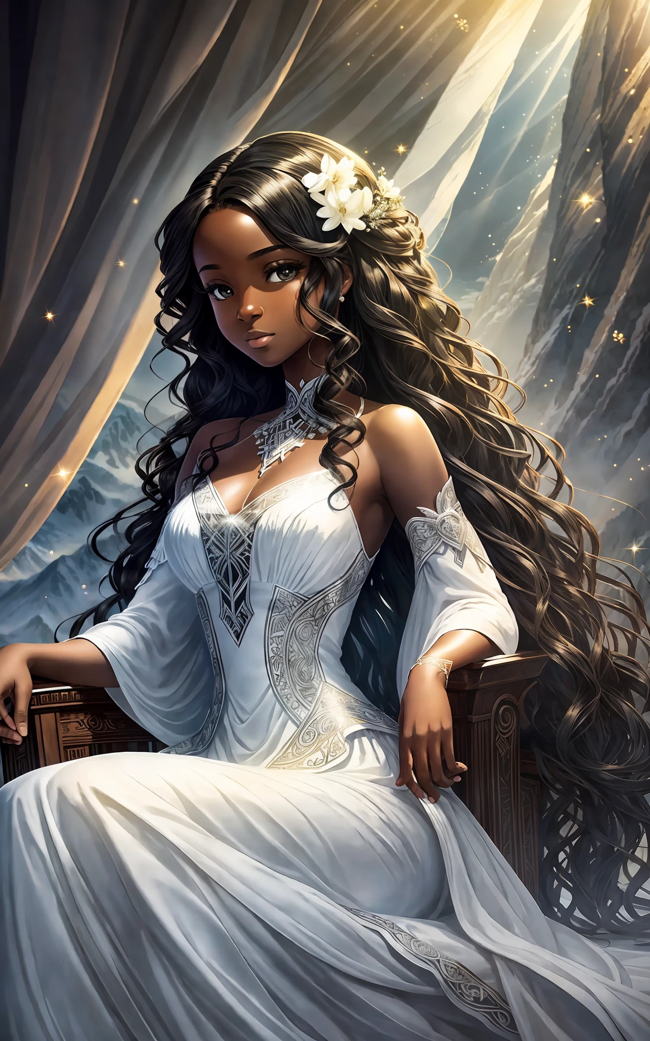 award winning 64k concept art of (black 1girl:1.2) in white majestic dress sitting on the throne in the mountains, posing, epic, god rays, centered, (masterpiece:1.2), (best quality:1.2), Amazing, highly detailed, beautiful, finely detailed, warm soft color grading, Depth of field, extremely detailed 8k, fine art, stunning, iridescent, shiny, (light reflections:1.2), (crisp:1.5), curls, wind, vibrant, sunlit, (edge detection:1.2)