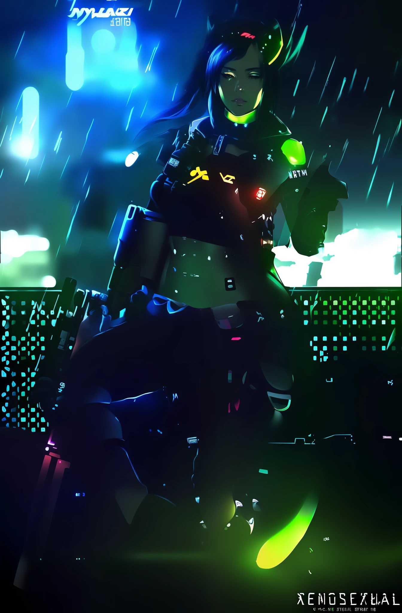 A closeup of a person with a gun in the rain, realistic Cyberpunk Digital Anime art, Realistic Cyberpunk Anime Art, Digital Cyberpunk Anime Mech, Digital Cyberpunk - realistic anime art, Cyberpunk theme art, Cyberpunk art style, muscular! Cyberpunk, Cyberpunk Anime Realistic Art, Cyberpunk Soldier, Neon Cyberpunk, Cyberpunk Style, Female Lucio, Cyberpunk Anime Girl, Neon Scales and Cyborg Tech, Neon Armor