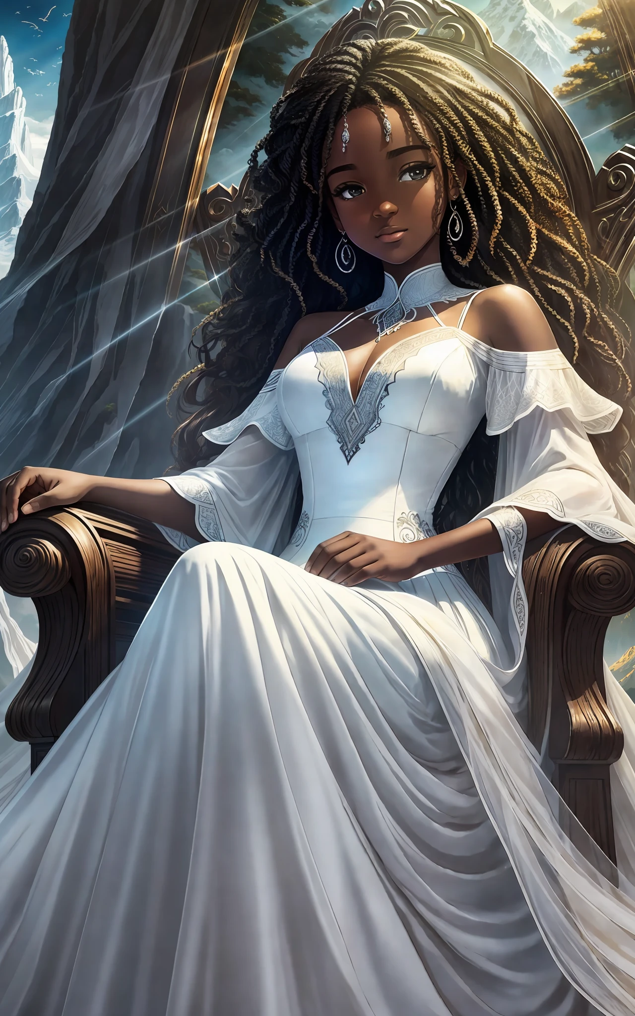 award winning 64k concept art of (black 1girl:1.2) in white majestic dress sitting on the throne in the mountains, posing, epic, god rays, centered, (masterpiece:1.2), (best quality:1.2), Amazing, highly detailed, beautiful, finely detailed, warm soft color grading, Depth of field, extremely detailed 8k, fine art, stunning, iridescent, shiny, (light reflections:1.2), (crisp:1.5), curls, wind, vibrant, sunlit, (edge detection:1.2)
