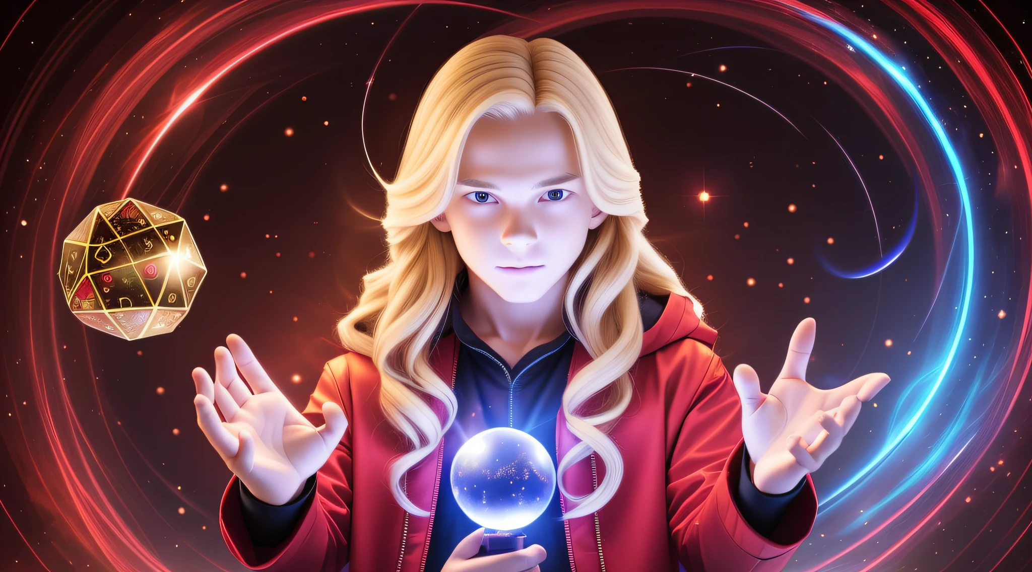 LONG BLONDE HAIRED BOY IN RED JACKETS, holding a glowing ball in his hands, mage pondering his orb, holding a glowing orb of dice, he is casting an illumination spell, holding a glowing orb, holding a crystal ball, psychic, crystal ball, cool marketing photo, stock photo, predicting the future, stock image, plasma globe, professional photo well lit, magic,
