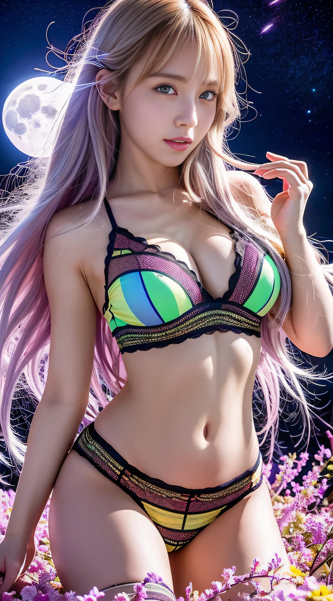 A coquettish high school girl, she has psychic powers, her whole body is covers in an aura that shines, no clothes, no undies, on the full moon night, on the hilltop, chromatic aberration, glare, Dutch-angle