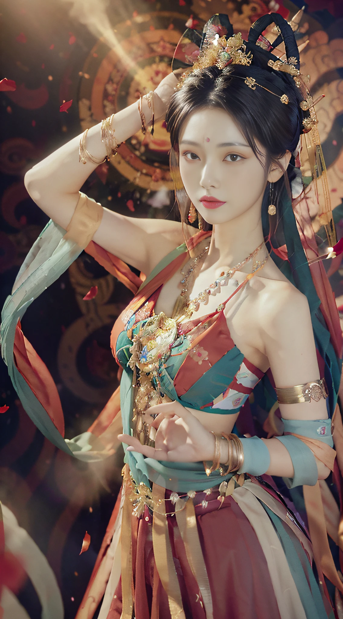 (8k, RAW photo, best quality, masterpiece: 1.2), (realistic, photorealistic photoreal: 1.4), (very detailed CG unity 8k wallpaper), (1 girl), dance, dunhuang_dress, dunhuang_style, dunhuang_background, arm up, gold jewelry, ancient Chinese hairstyle, tulle, streamers, light makeup, eyeshadow, eyebrow mole, (face), dynamic pose, Background smoke surrounding, red and green color scheme, petals flying, details, jewelry, earrings, bracelets, shoulders, complex textures, busts, guqin, pipa