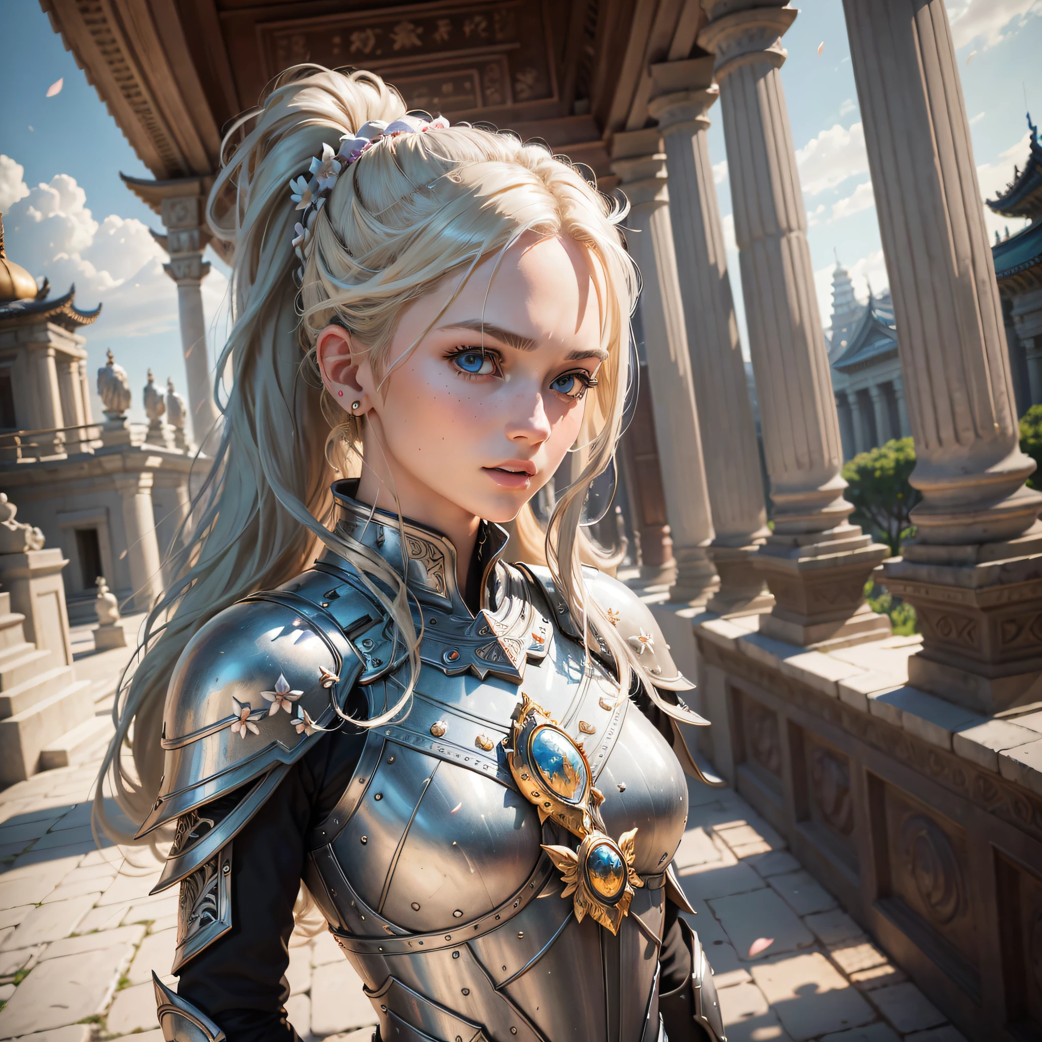 (8K, best quality:1.2), (masterpiece:1.37), (photo, photorealistic:1.37), (ultrahigh-res), closeup portrait, female paladin wearing the full body, (light silver armour:1.2),(ornately decorated armor), (insanely detailed, bloom:1.5), (highest quality, Alessandro Casagrande, Greg Rutkowski, Sally Mann, concept art, 4k), (analog:1.2), (high sharpness), (detailed pupils:1.1), detailed face and eyes, Masterpiece, best quality, (highly detailed photo:1.1), (long blonde Hair, ponytail,ecstatic:1.1), (young woman:1.1), sharp, (perfect body:1.1), realistic, real shadow, 3d, (temple background:1.2), (by Michelangelo), photographed by Canon EOS R6, 135mm, 1/1250s, f/2.8, ISO 400 --auto --s2