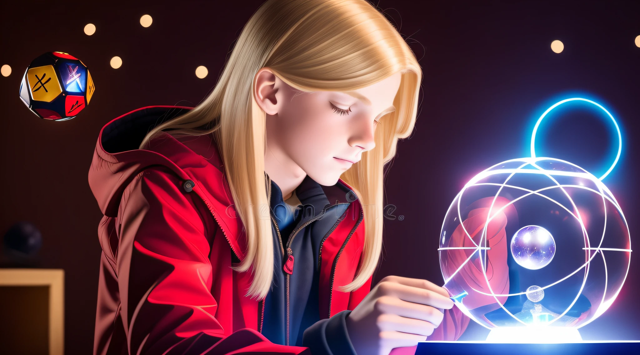 LONG BLONDE HAIRED BOY IN RED JACKETS, holding a glowing ball in his hands, mage pondering his orb, holding a glowing orb of dice, he is casting an illumination spell, holding a glowing orb, holding a crystal ball, psychic, crystal ball, cool marketing photo, stock photo, predicting the future, stock image, plasma globe, professional photo well lit, magic,