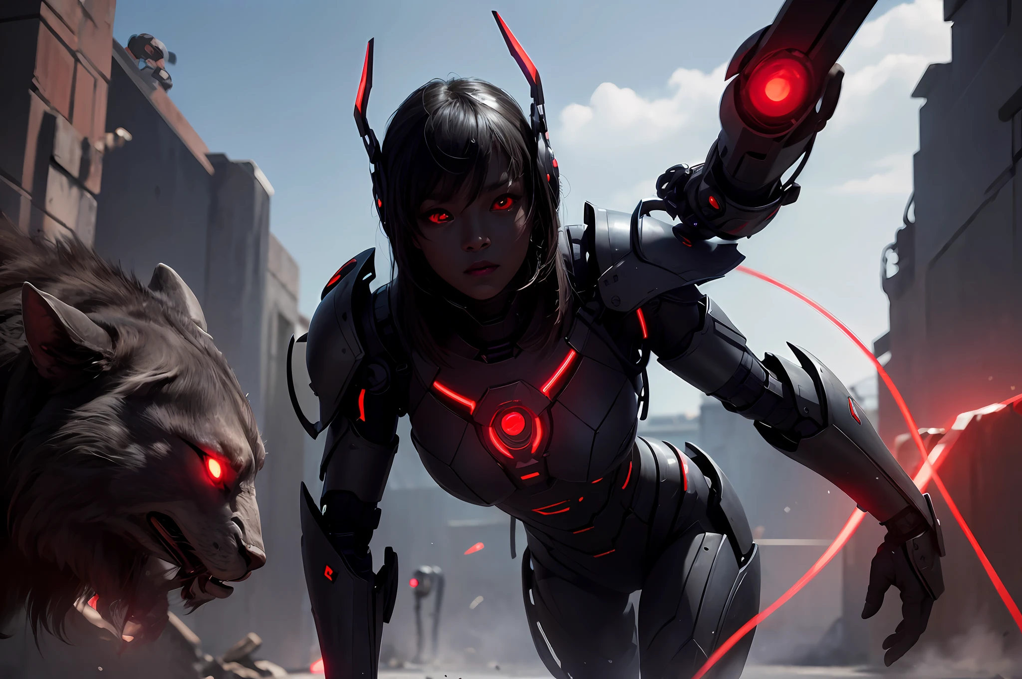 6girls, army of beautiful dark-skinned Chinese lesbian aliens invading Earth, (red glowing eyes), (cybernetic armor) --v 6