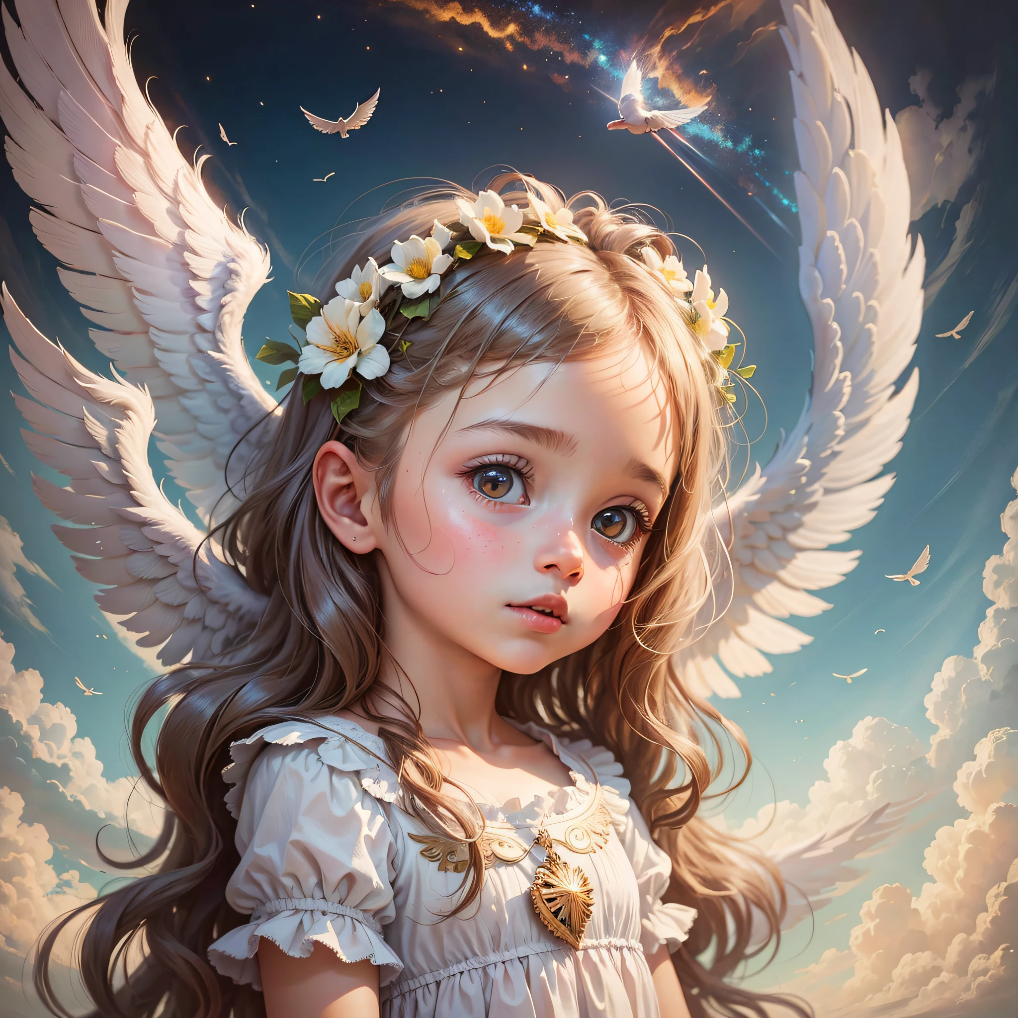 painting of a little girl with angel wings sitting on a cloud, beautiful angel, of beautiful angel, of an beautiful angel girl, portrait of a beautiful angel, angel girl, adorable digital painting, beautiful angel girl portrait, angel, angel-themed, cherub, full of paintings of angels, angelic face, angelical, angel face, beautiful female angel, angels --auto --s2