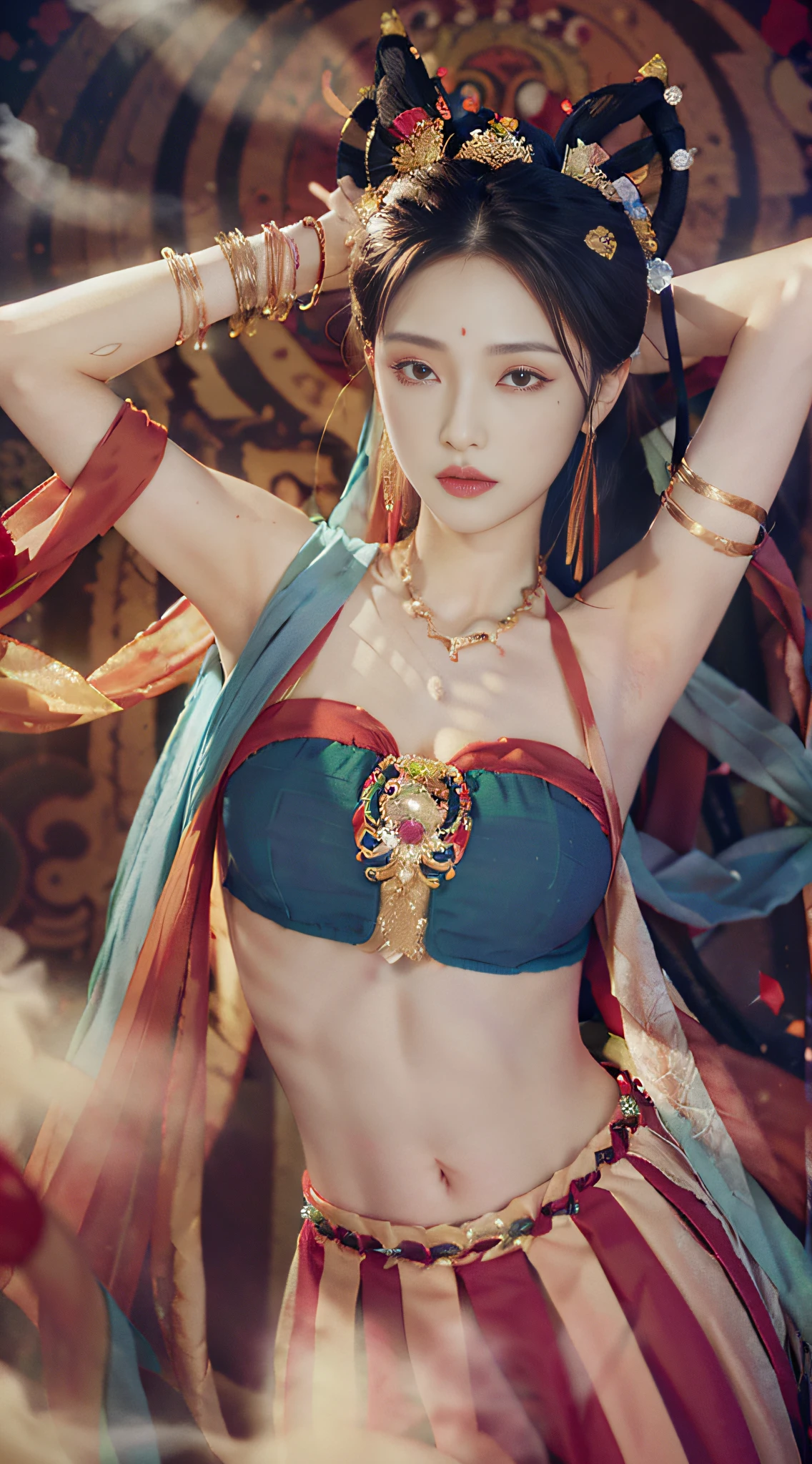 (8k, RAW photo, best quality, masterpiece: 1.2), (realistic, photorealistic photoreal: 1.4), (very detailed CG unity 8k wallpaper), (1 girl), dance, dunhuang_dress, dunhuang_style, dunhuang_background, arm up, gold jewelry, ancient Chinese hairstyle, tulle, streamers, light makeup, eyeshadow, eyebrow mole, (face), dynamic pose, Background smoke surrounding, red and green color scheme, petals flying, details, jewelry, earrings, bracelets, shoulders, complex textures, busts, guqin, pipa