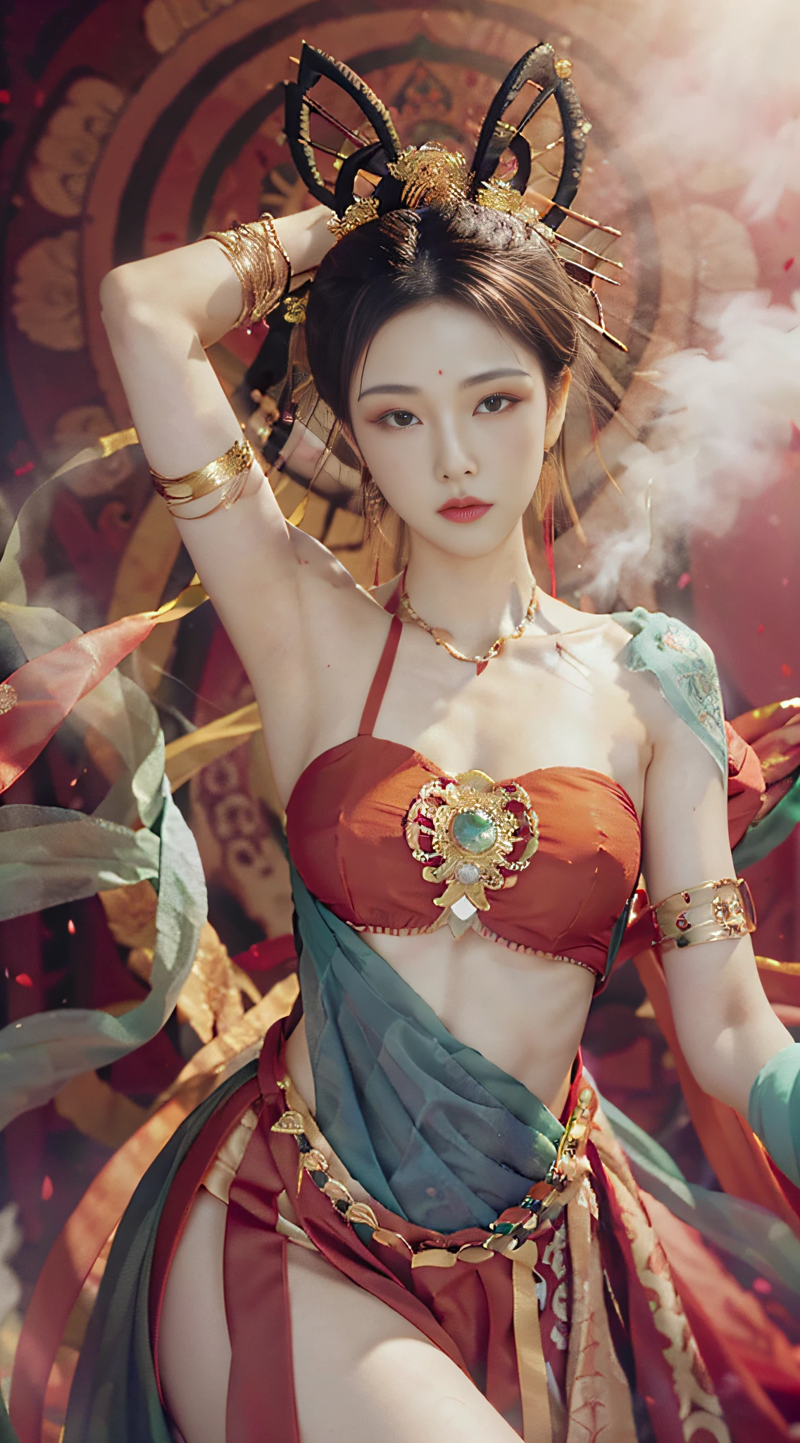 (8k, RAW photo, best quality, masterpiece: 1.2), (realistic, photorealistic photoreal: 1.4), (very detailed CG unity 8k wallpaper), (1 girl), dance, dunhuang_dress, dunhuang_style, dunhuang_background, one arm up, one hand to the viewer, gold ornaments, ancient Chinese hairstyle, tulle, streamers, light makeup, eye shadow, eyebrow mole, (face), Dynamic pose, background smoke surrounding, flower petals flying, details, jewelry, earrings, bracelets, shoulders, complex textures, busts