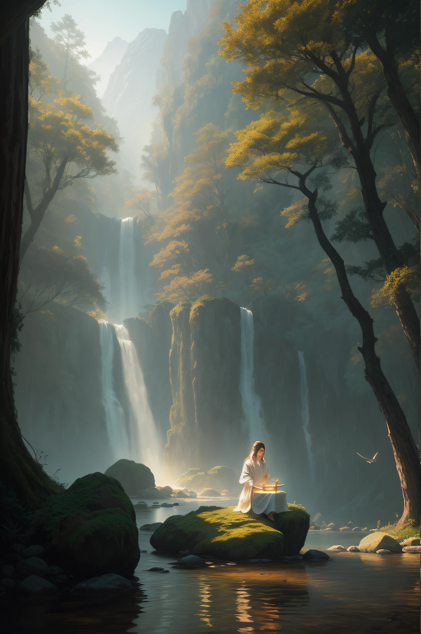 Ancient woman meditating in temple, wearing white robe, temple in forest, original photo, surreal photo, unreal engine 4,8k, ultra-sharp, delicate color, wide color coverage, extreme scene detail, chiaroscuro, antialiasing, error detail smoothing, raw photo, surreal image, unreal engine 4, 8k, ultra-clear, detailed color, wide color coverage, extremely high scene detail, shadows, anti-aliasing, error detail smoothing, raw photo, surreal photo, unreal engine 4.8k, Super sharp, delicate colors, wide color coverage, extremely detailed objects in the scene, (8k, RAW photos, best quality, masterpieces: 1.2), (realistic, photorealism: 1.37), model shooting style, (very detailed CG unified 8k wallpaper), professional magnificent oil paintings by Ed Blinkey, Atey Ghailan, Studio Ghibli, Jeremy Mann, Greg Manchess, Antonio Moro, Trends on ArtStation, trends on CGSociety, intricacies, high detail, clear focus, dramatic, realistic painting midjourney and art by greg rutkowski, scene detail extreme objects, shadows, anti-aliasing, error detail smoothing