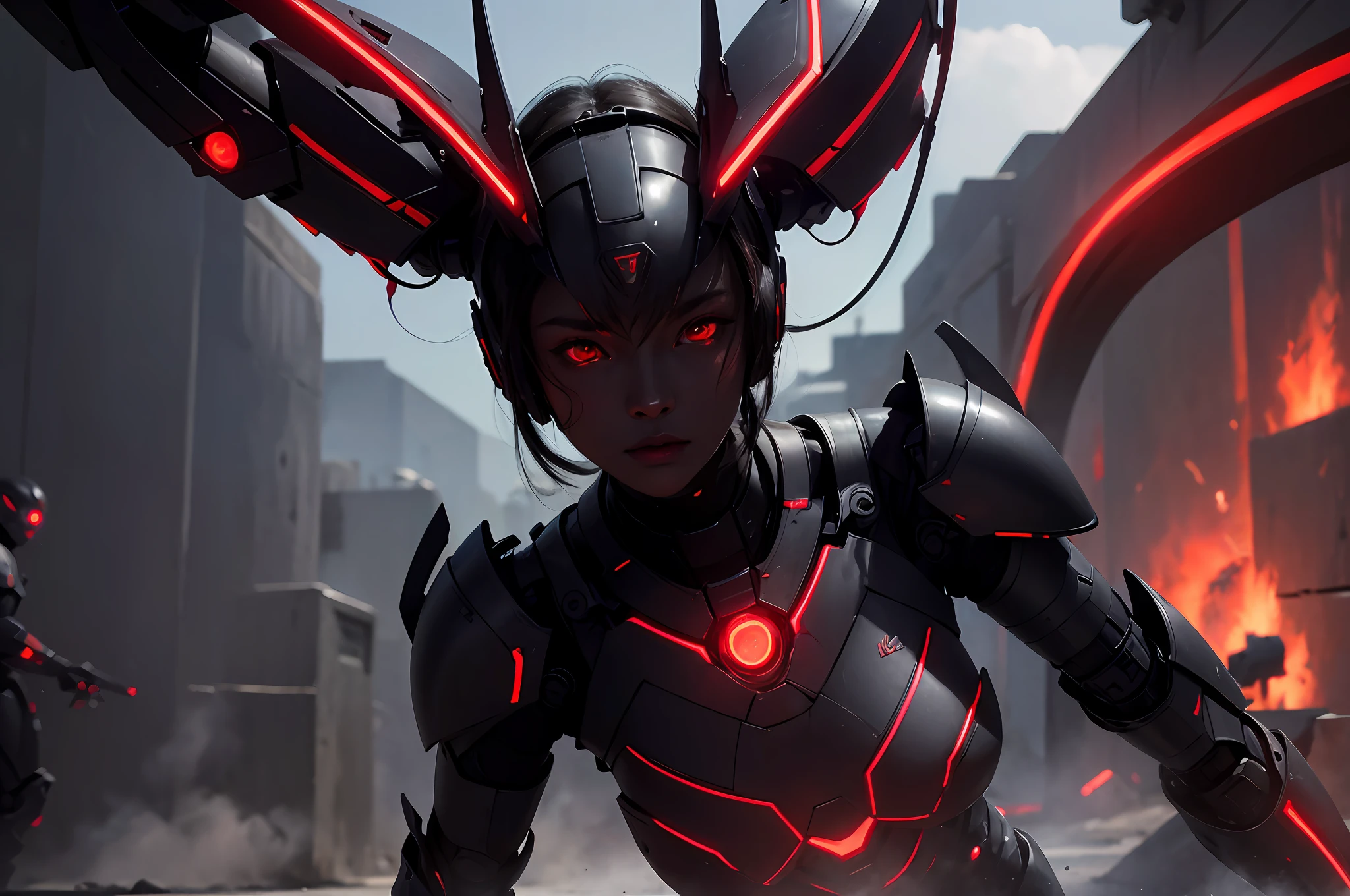 3girls, army of beautiful dark-skinned Chinese lesbian aliens invading Earth, (red glowing eyes), (cybernetic armor) --v 6