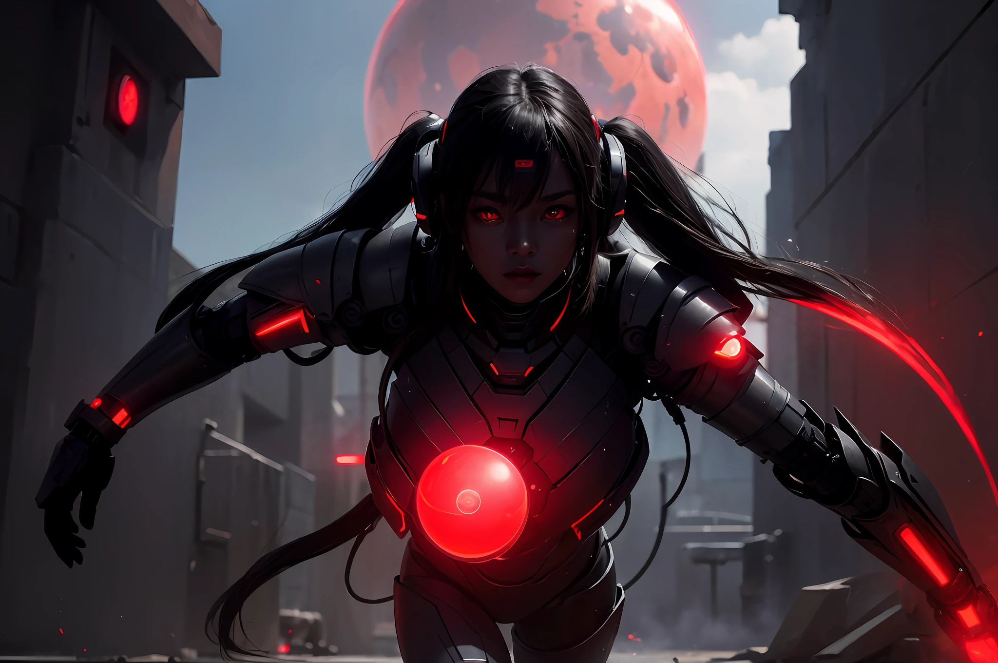 3girls, army of beautiful dark-skinned Chinese lesbian aliens invading Earth, (red glowing eyes), (cybernetic armor) --v 6