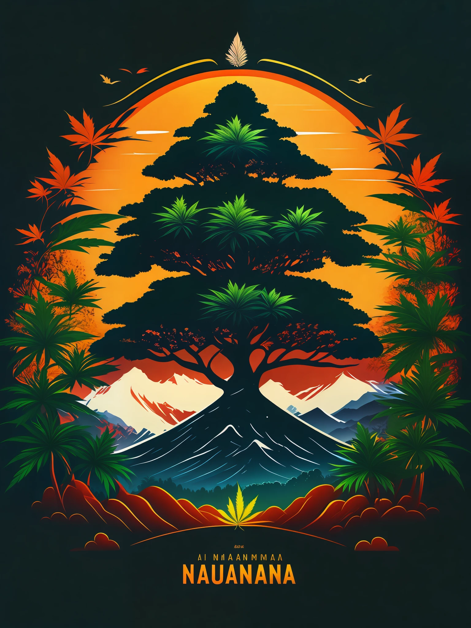 a marijuana tree in Indonesia landscape, tshirt design, rzminjourney, vector-art