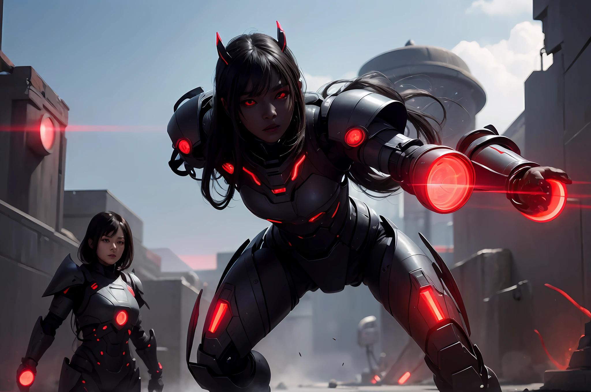 3girls, army of beautiful dark-skinned Chinese lesbian aliens invading Earth, (red glowing eyes), (cybernetic armor) --v 6