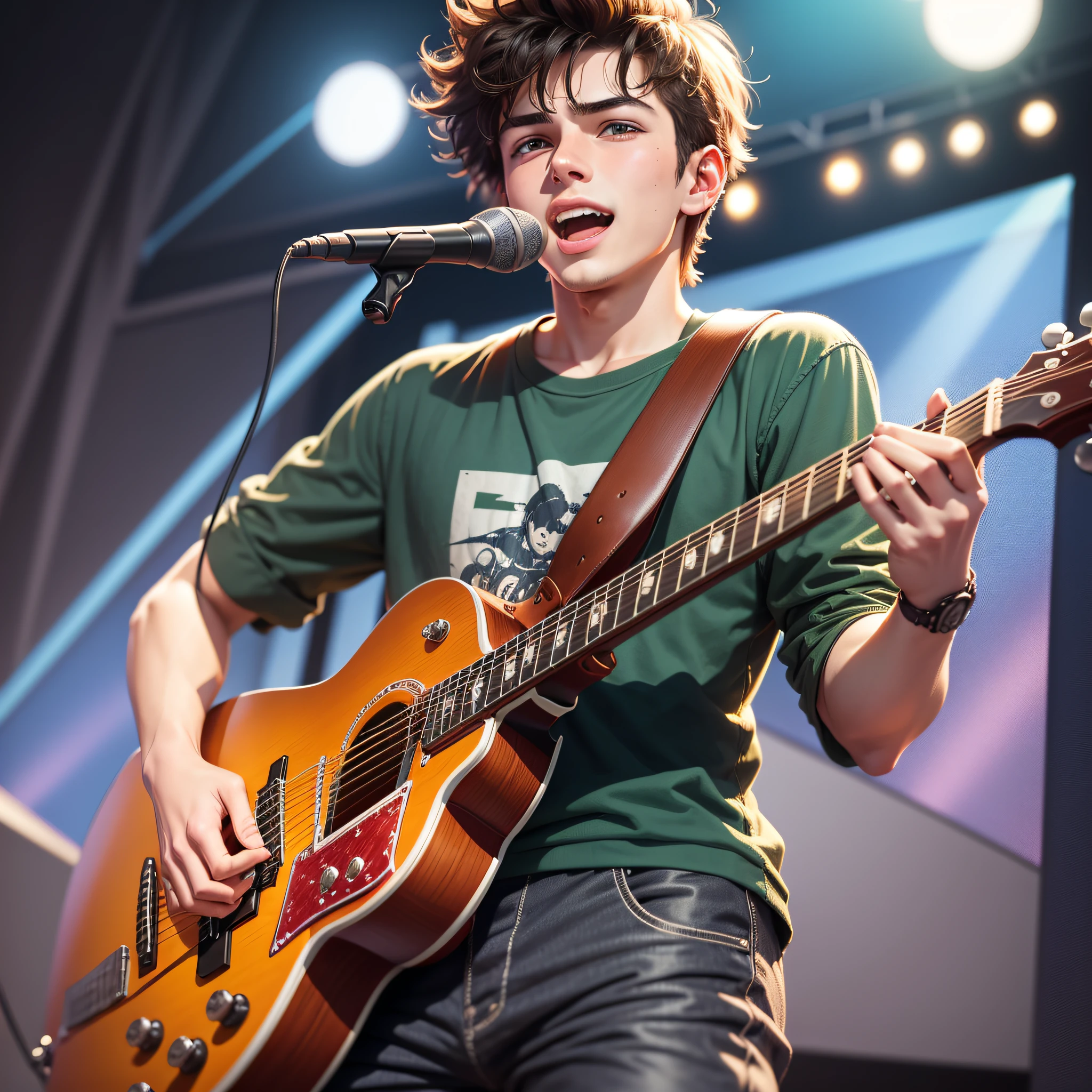 20 year old boy on stage with his guitar, cartoon, high definition, with many details, --auto --s2
