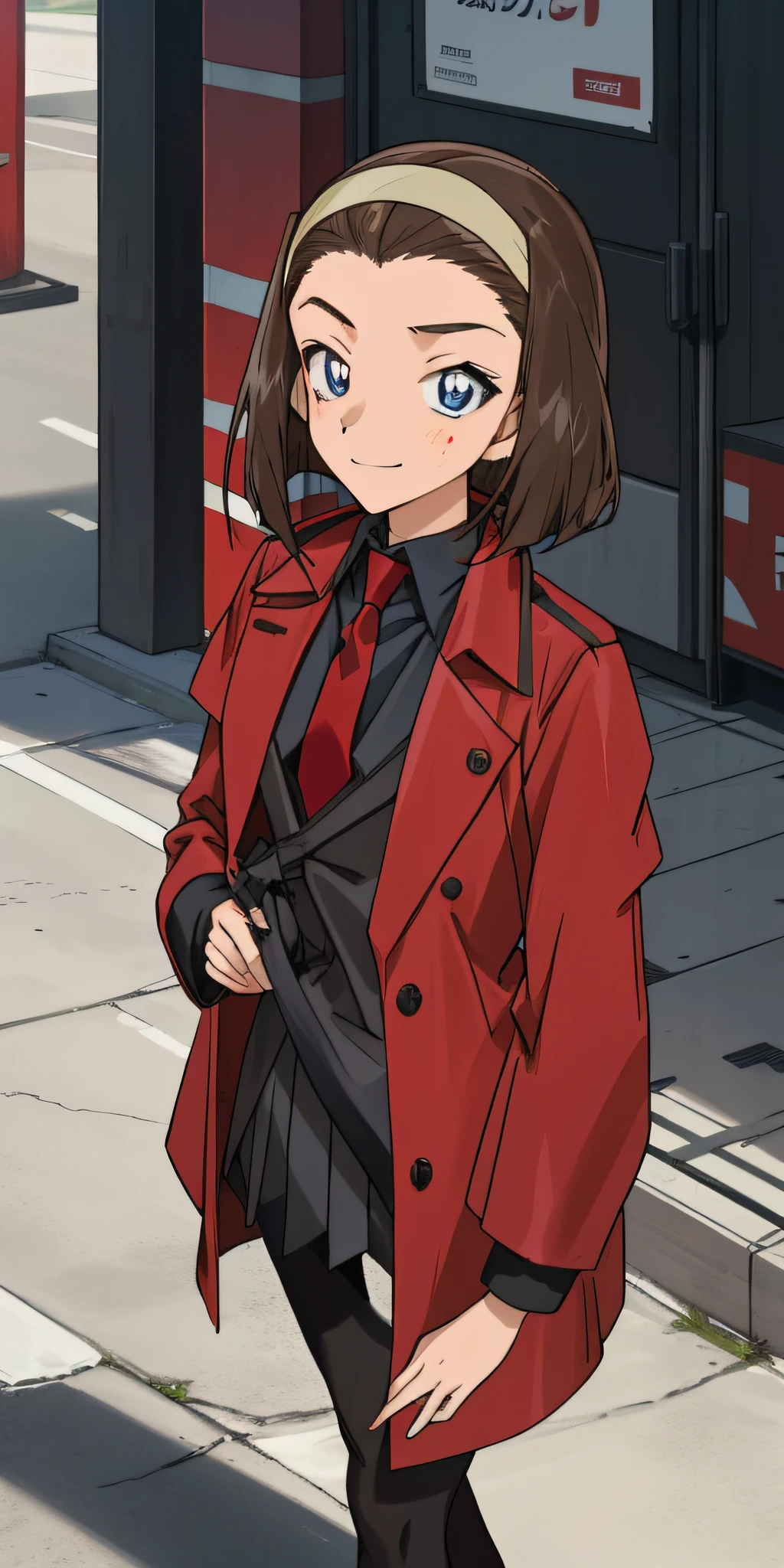 ((masterpiece)), (8k, high_resolution),(best quality), Sonoko, 1girl, solo, blue eyes, pale face, anemic face, bruises under the eyes, black hair, short hair, brown hairstyle, smile, distance look, street, city, outdoor, beautiful eyes and detailed face, medium chest, ((coat, red coat, black shirt, red tie, black tights: 1.2)), whole body