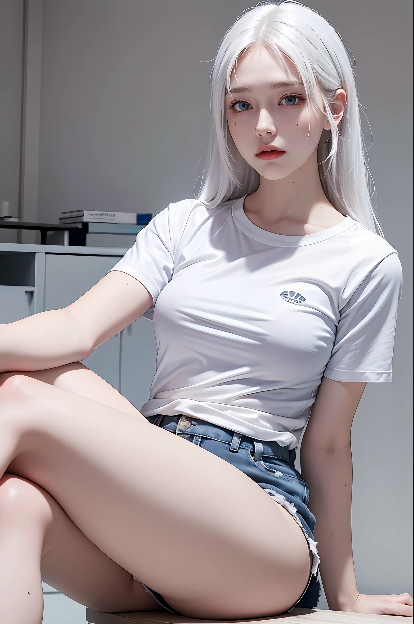 realistic, high resolution, girl, white hair, korean, blue eyes, small moles under the eyes, loose white shirt, sports shorts, big house, thick thighs, legs crossed, sitting, pale skin, melancholy eyes