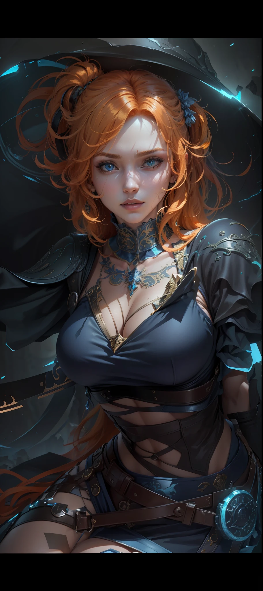 ((Best quality)), ((masterpiece)), (highly detailed:1.3),muskateer, ((blue bikini at the top)), jeans at the bottom, nani character from One Piece. The details of his body are meticulously elaborated, reflecting beauty (beauty:1.2). The embellishments (ornate:1.4) that adorn your pants, ((with orange hair)), long hair, with a thin waist, demonstrating determination in your look, a balance of danger and beauty, HDR (High Dynamic Range), Ray Tracing, NVIDIA RTX, Super-Resolution, Unreal 5, Subsurface Scattering, PBR Texturing, Post-processing, Anisotropic filtering, Depth of field, Maximum clarity and sharpness, Multilayer textures, Albedo and specular maps, Surface shading, accurate simulation of light-material interaction, perfect proportions, Octane Render, two-tone lighting, low ISO, white balance, rule of thirds, wide aerature, 8K RAW, efficient sub-pixel, sub-pixel convolution, luminescent particles --auto --s2