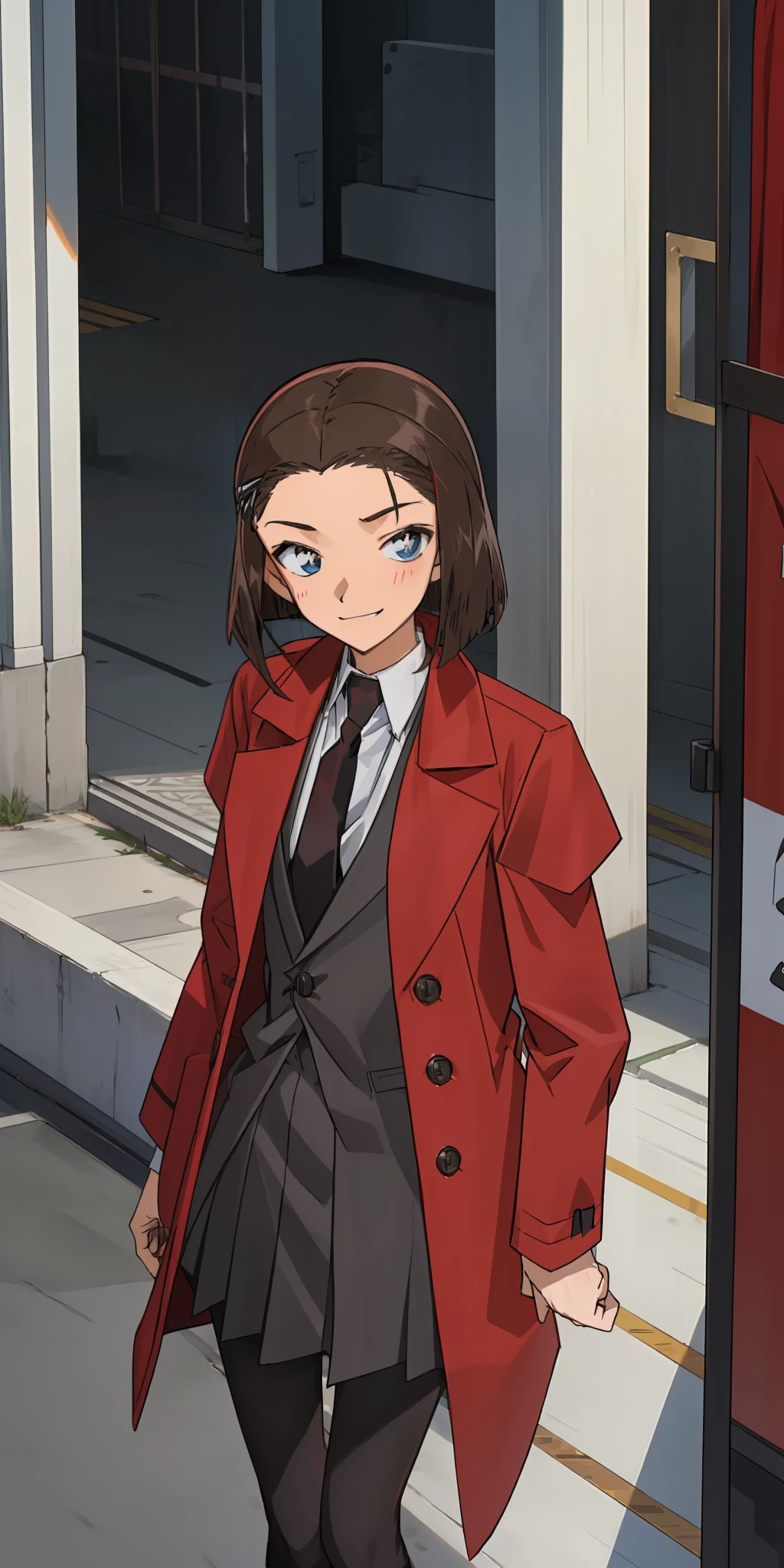 ((masterpiece)), (8k, high_resolution),(best quality), Sonoko, 1girl, solo, blue eyes, pale face, anemic face, bruises under the eyes, black hair, short hair, brown hairstyle, smile, distance look, street, city, outdoor, beautiful eyes and detailed face, medium chest, ((coat, red coat, black shirt, red tie, black tights: 1.2)), whole body