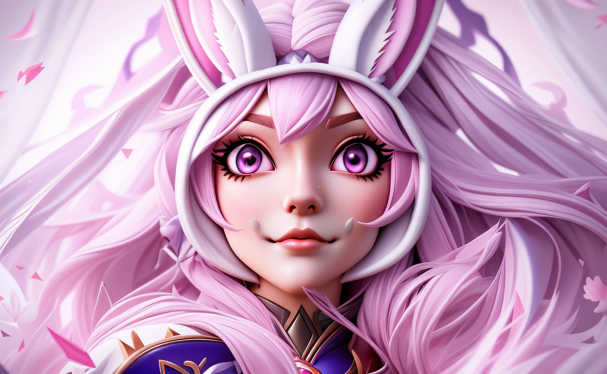 A closeup of a rabbit mask with half a woman's body, only rabbit face, ahri, rabbit head, irelia, ahri portrait, Discord profile picture, ahegao face, rabbt_character, Pokimane, with rabbit ears, 8k profile photo, detailed realistic photo. Sorceress's hood.