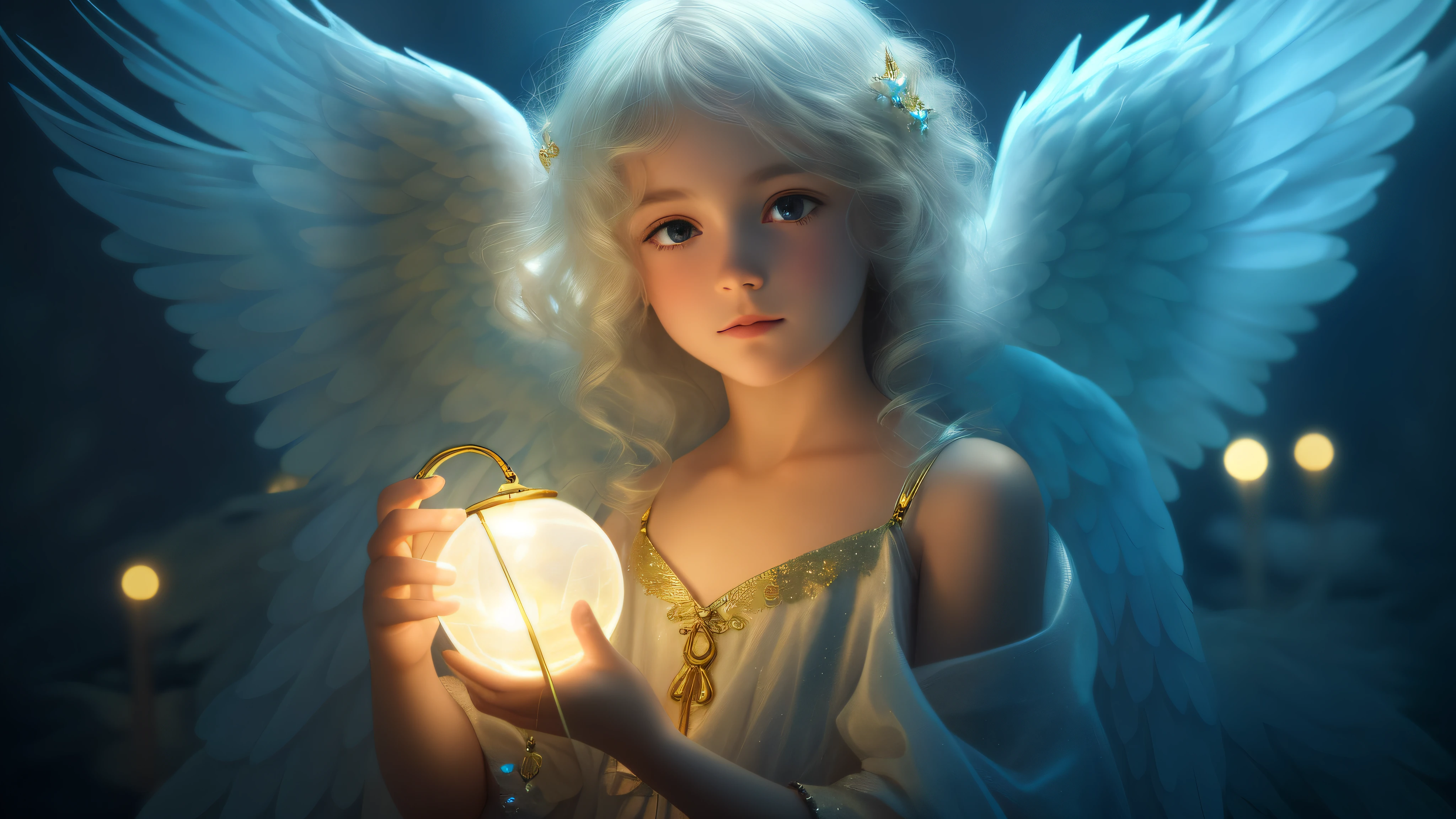 a close up of a child holding a crystal ball with an angel on it, of an beautiful angel girl, beautiful angel, beautiful angel girl portrait, angel girl, girl with angel wings, portrait of a beautiful angel, of beautiful angel, angel-themed, angelic light, angelic, angelical, angel themed, angelic face, angel, winged girl angel, an angel --auto --s2